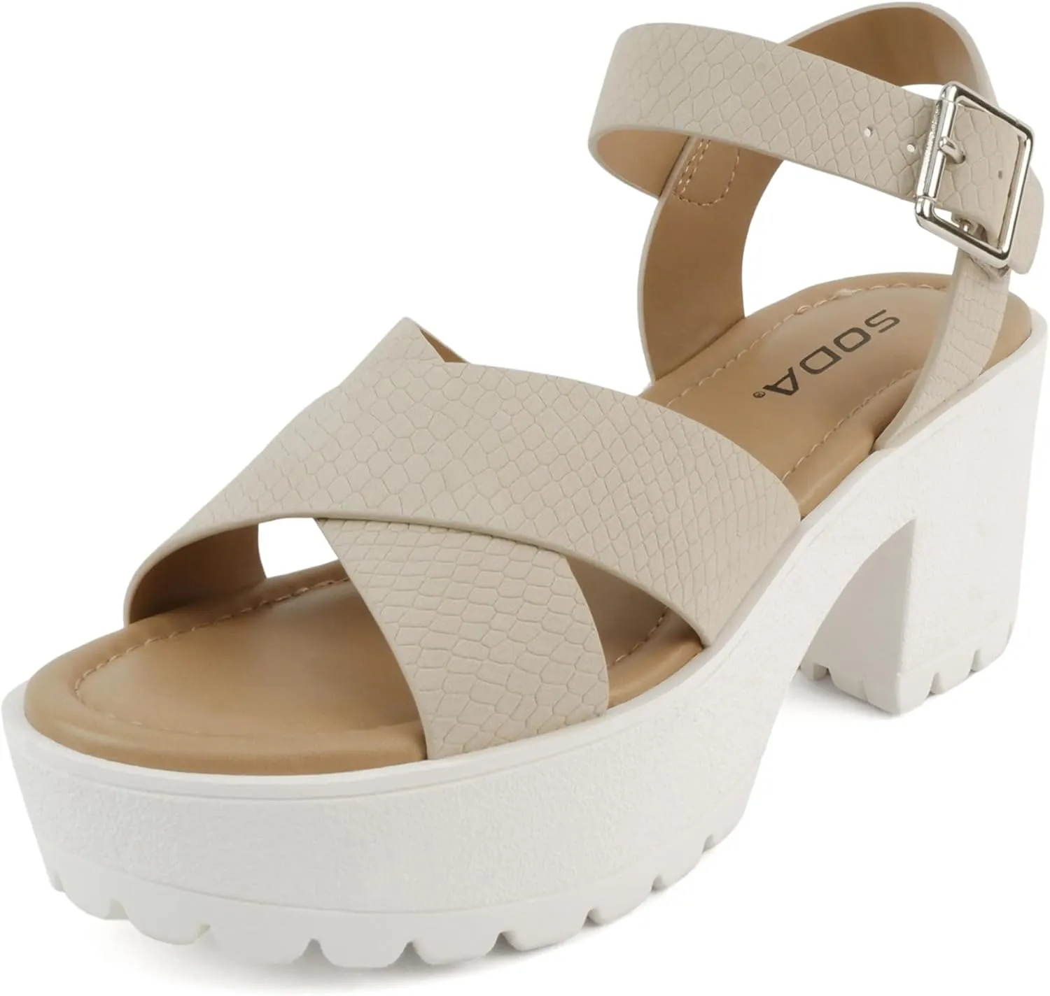 Soda “Joey” ~ Women Open Toe Criss Cross Strap Mid Heel Sandal with Adjustable Ankle Strap