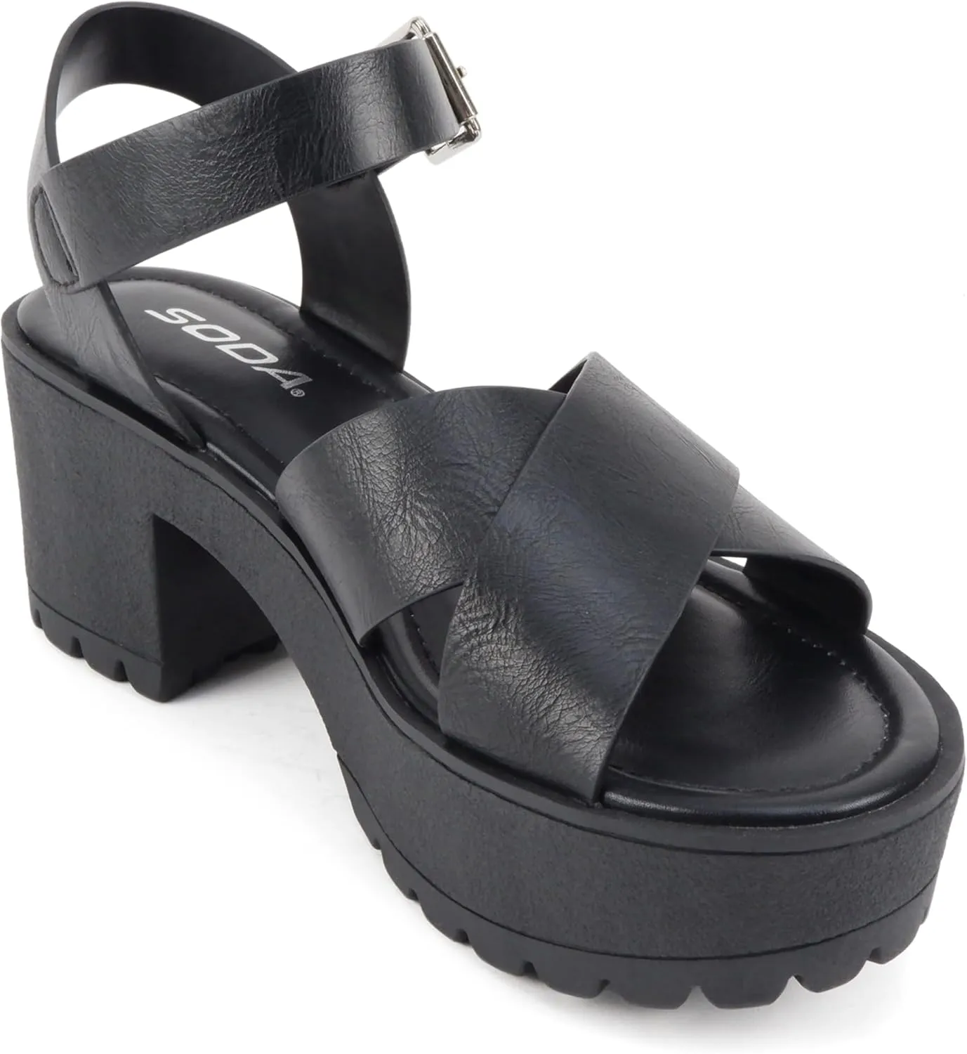 Soda “Joey” ~ Women Open Toe Criss Cross Strap Mid Heel Sandal with Adjustable Ankle Strap