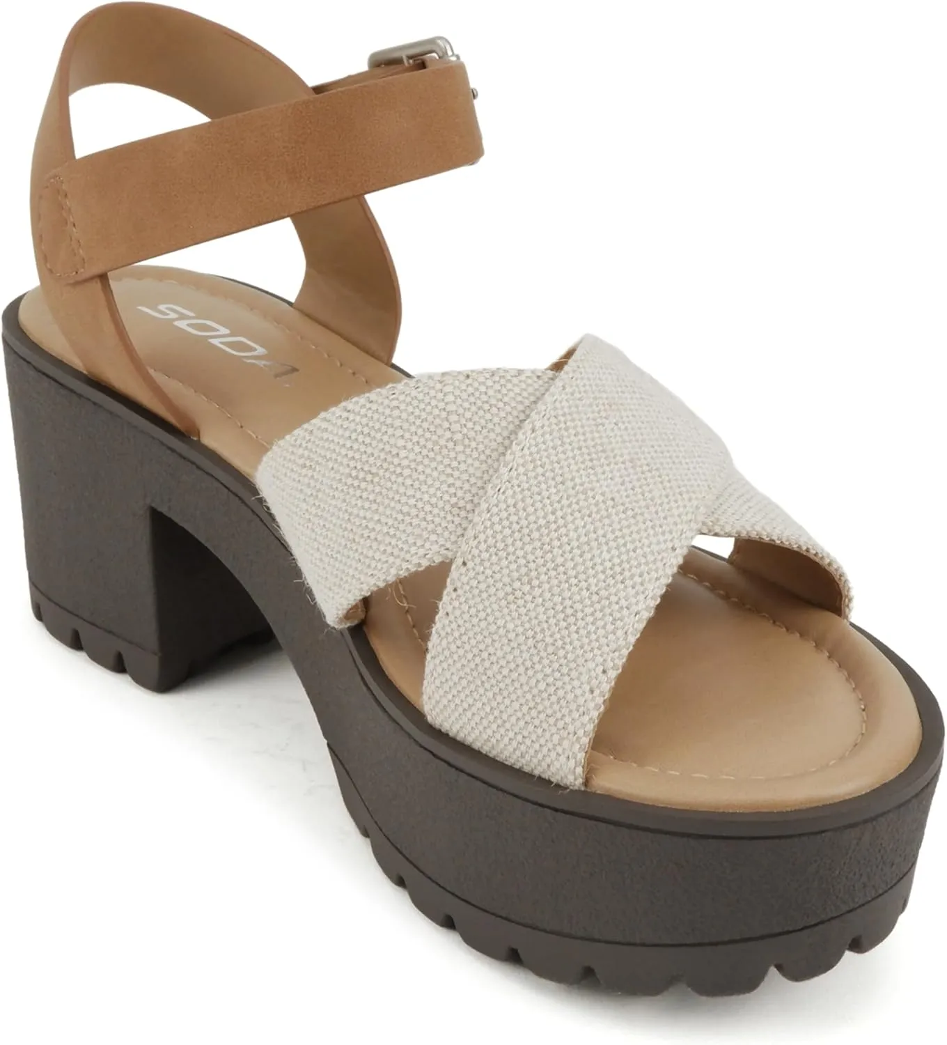 Soda “Joey” ~ Women Open Toe Criss Cross Strap Mid Heel Sandal with Adjustable Ankle Strap