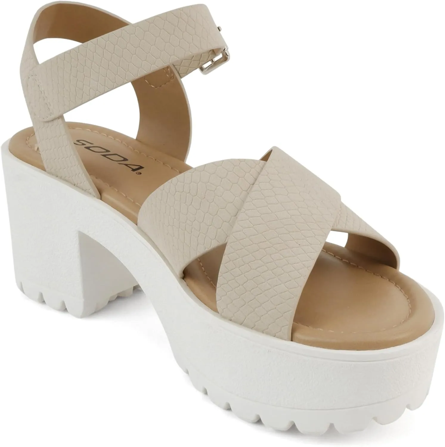 Soda “Joey” ~ Women Open Toe Criss Cross Strap Mid Heel Sandal with Adjustable Ankle Strap