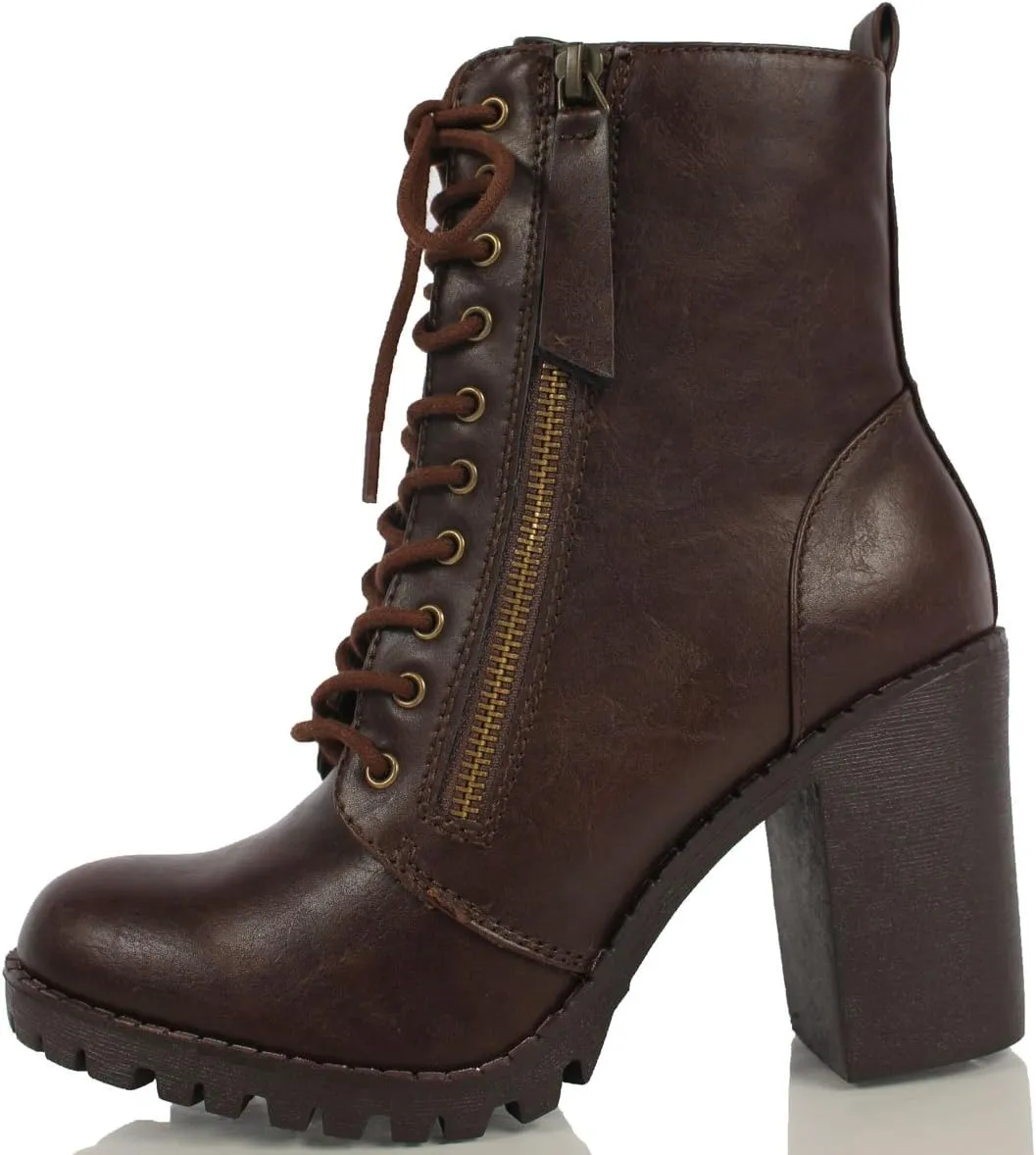 Soda Womens Malia Faux Lace Up Chunky Lug Sole Combat Ankle Boot