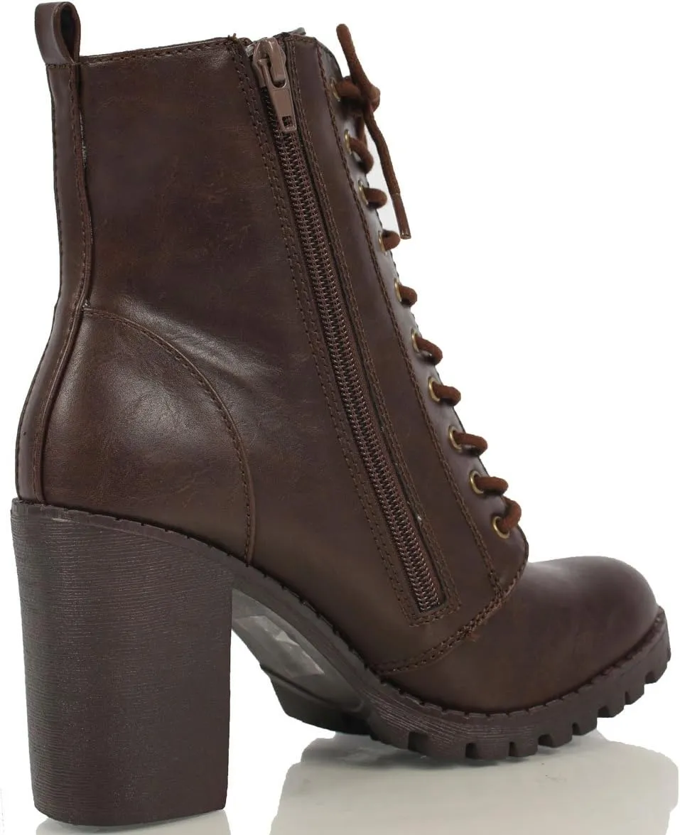 Soda Womens Malia Faux Lace Up Chunky Lug Sole Combat Ankle Boot