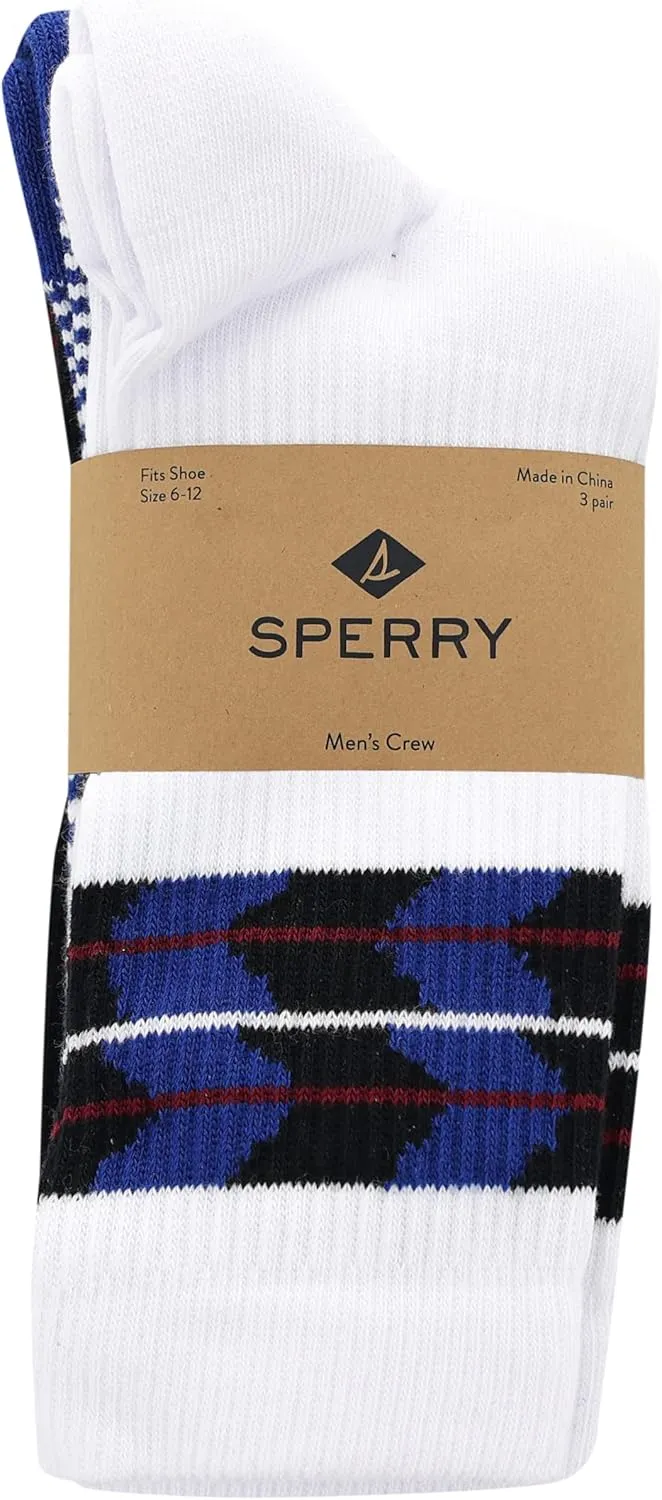 Sperry Men's Cotton Boat Crew Socks-3 Pair Pack-Arch Support and Comfort Footbed Cushioning