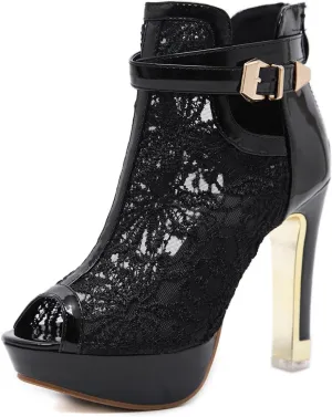 SuanlaTDS Women's Sexy Lace Platform Heeled Sandals Peep Toe Flower Embroidered Mesh High Heel Boots Buckle Ankle Strap Back Zip Sexy Fashion Dress High Heels Booties