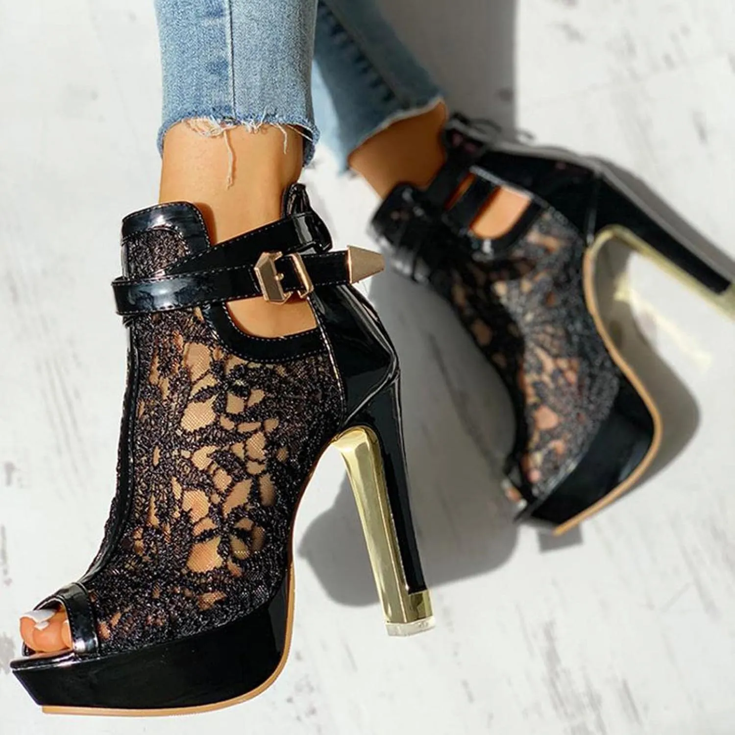 SuanlaTDS Women's Sexy Lace Platform Heeled Sandals Peep Toe Flower Embroidered Mesh High Heel Boots Buckle Ankle Strap Back Zip Sexy Fashion Dress High Heels Booties