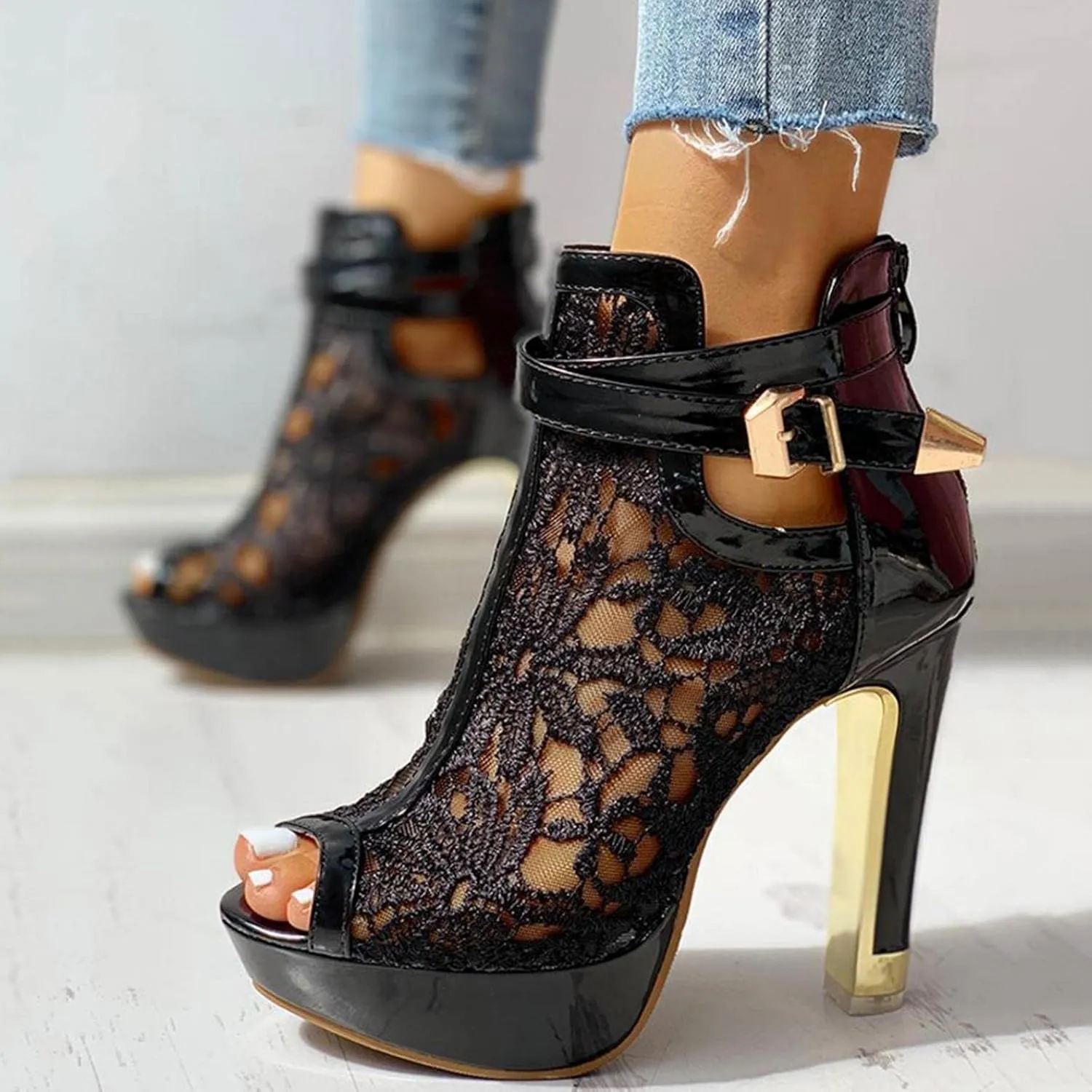 SuanlaTDS Women's Sexy Lace Platform Heeled Sandals Peep Toe Flower Embroidered Mesh High Heel Boots Buckle Ankle Strap Back Zip Sexy Fashion Dress High Heels Booties