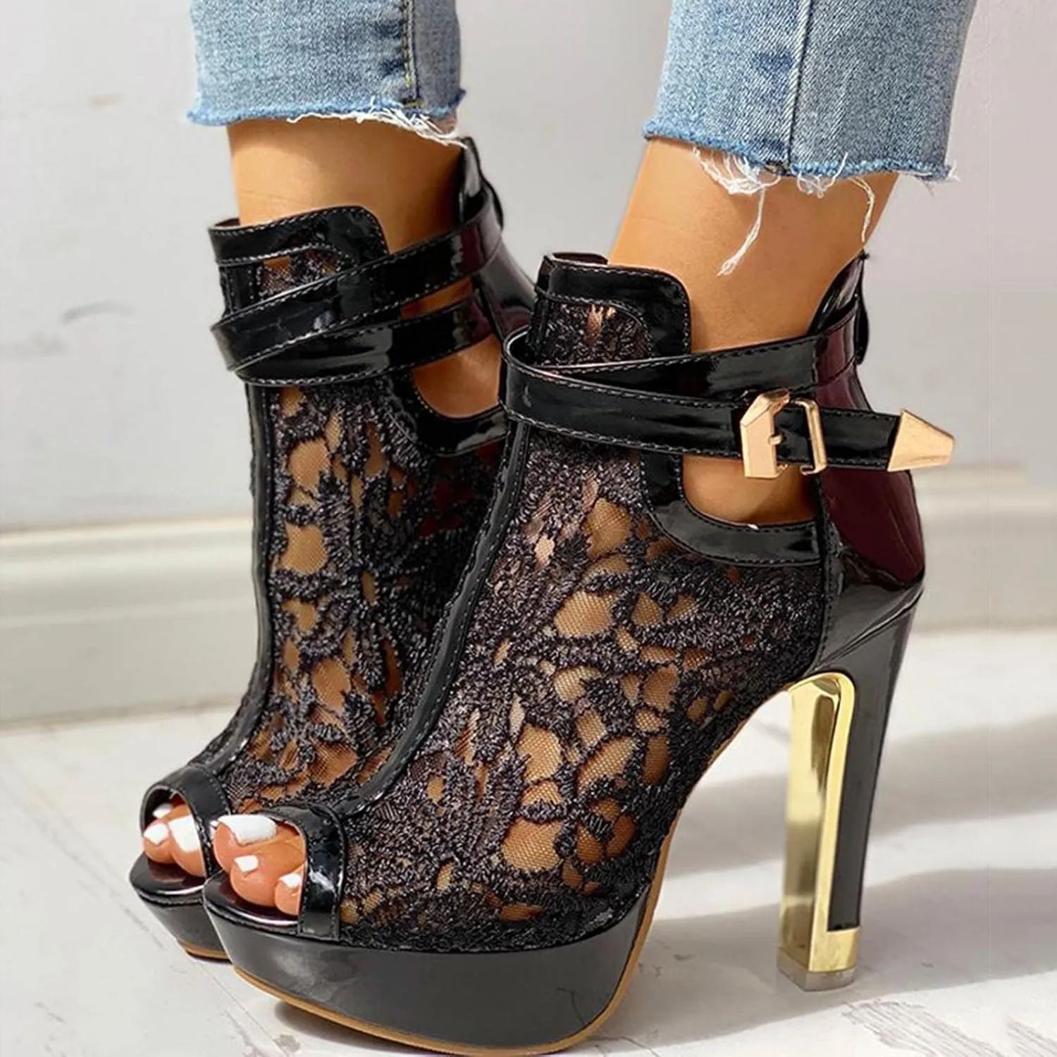 SuanlaTDS Women's Sexy Lace Platform Heeled Sandals Peep Toe Flower Embroidered Mesh High Heel Boots Buckle Ankle Strap Back Zip Sexy Fashion Dress High Heels Booties