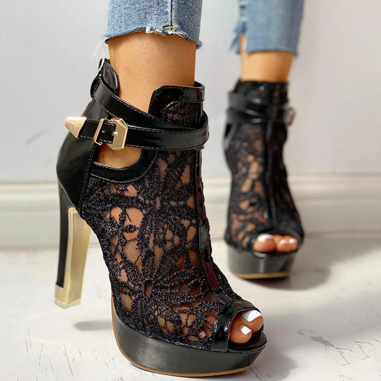 SuanlaTDS Women's Sexy Lace Platform Heeled Sandals Peep Toe Flower Embroidered Mesh High Heel Boots Buckle Ankle Strap Back Zip Sexy Fashion Dress High Heels Booties