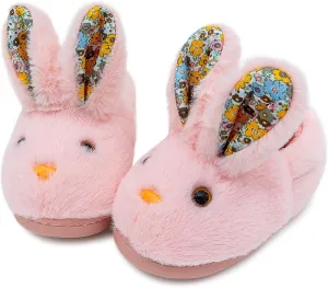 techcity Toddler Boys Girls Fuzzy Fluffy Slippers Cute Animal Winter Warm Shoes with 3D Bunny Design House Home Indoor Plush Fur Shoes