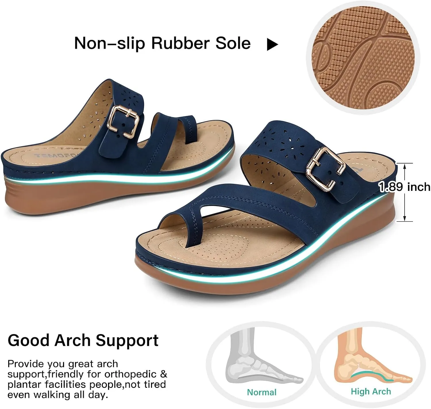 TEMOFON Flip Flops for Women Summer: Comfortable Walking Sandals,Arch Support,Orthopedic Bunion Sandal, Dressy Black/Navy/White Sandals Size 5-11