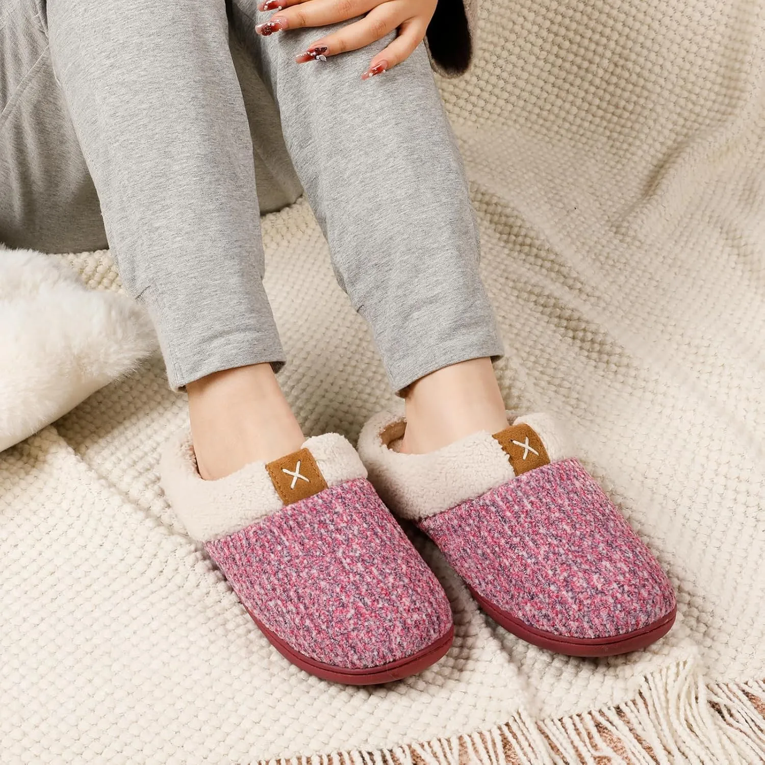 ULTRAIDEAS Women's Indoor Bedroom Slipper with Memory Foam, Gift for Women, Wool-Like House Shoe with Anti-Skid Rubber Sole for Ladies