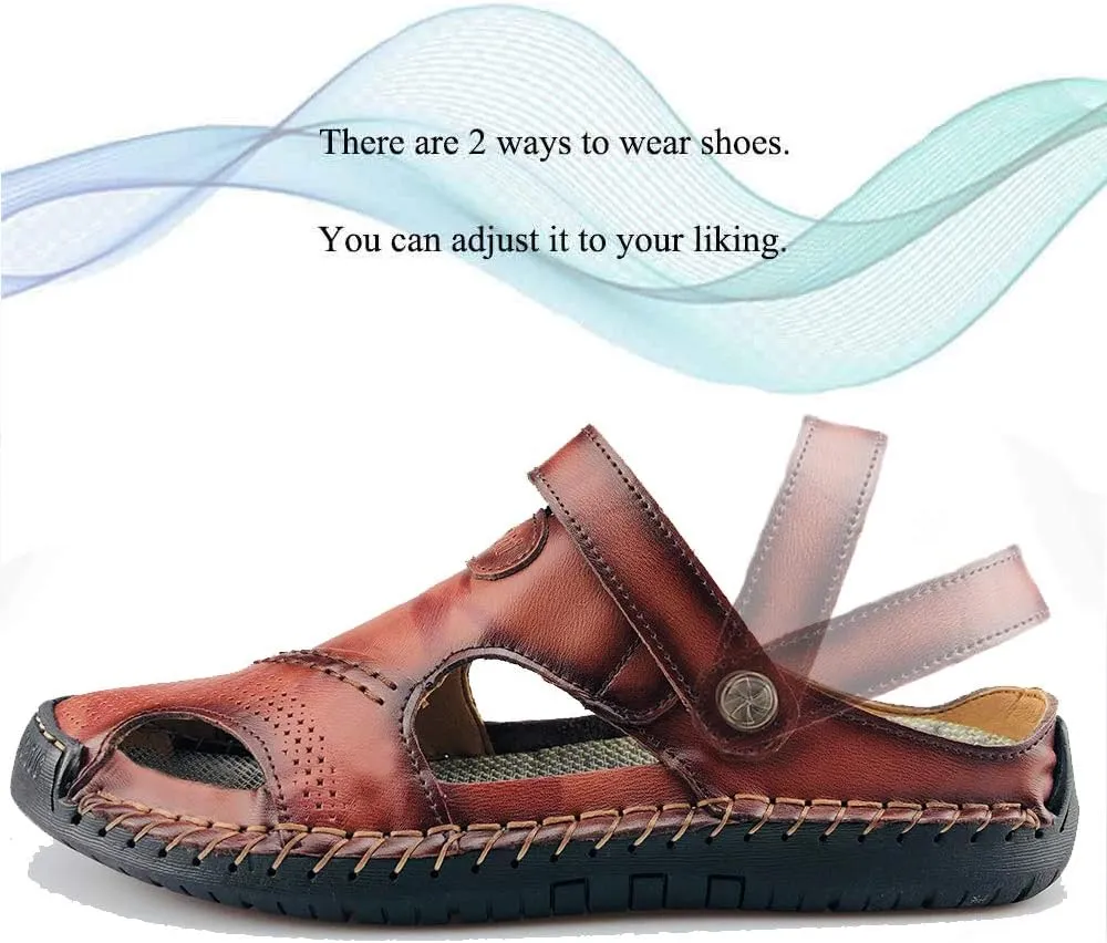 UPIShi Mens Closed Toe Casual Leather Strap Athletic Beach Outdoor Adjustable Sandals Fisherman Shoes