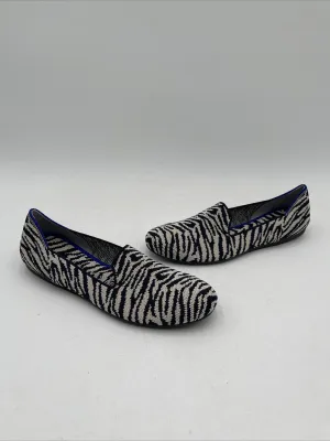 Wmns Rothy’s “THE LOAFER” White/Navy Zebra Print Knit Round Toe Flats Size 8 - Like New