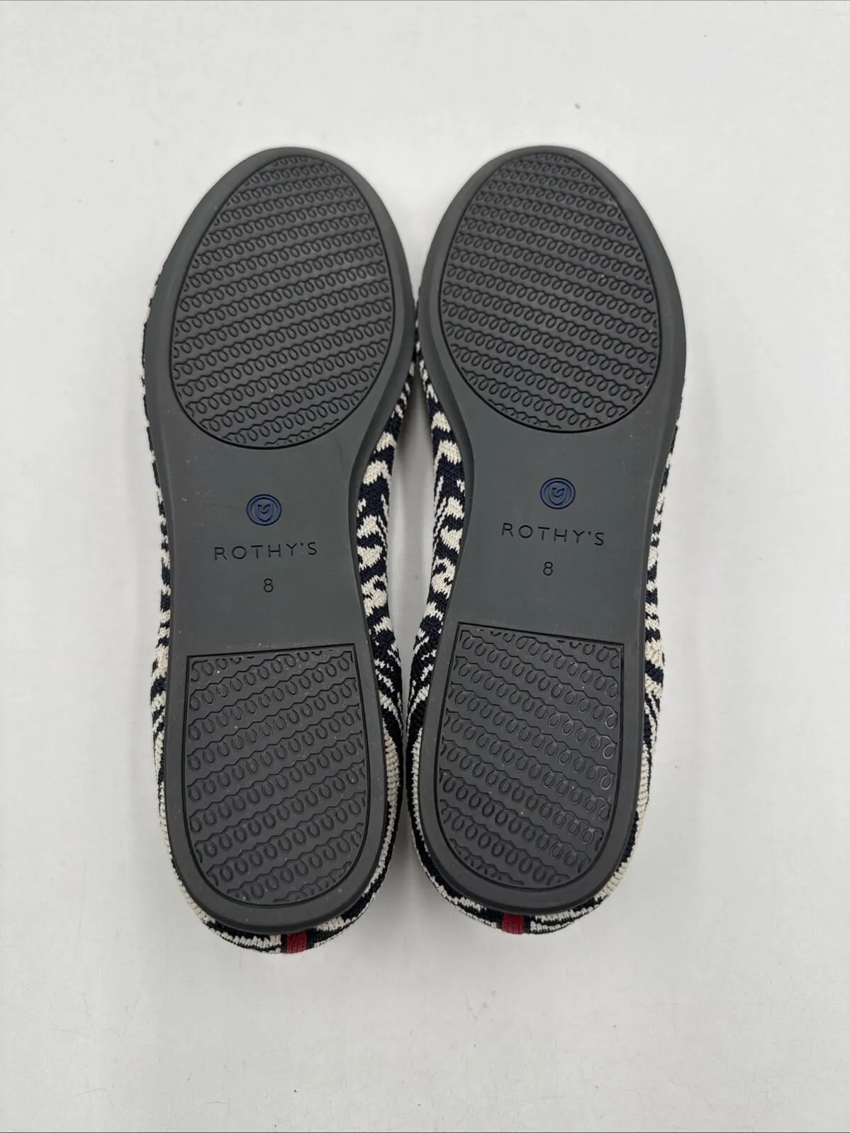 Wmns Rothy’s “THE LOAFER” White/Navy Zebra Print Knit Round Toe Flats Size 8 - Like New