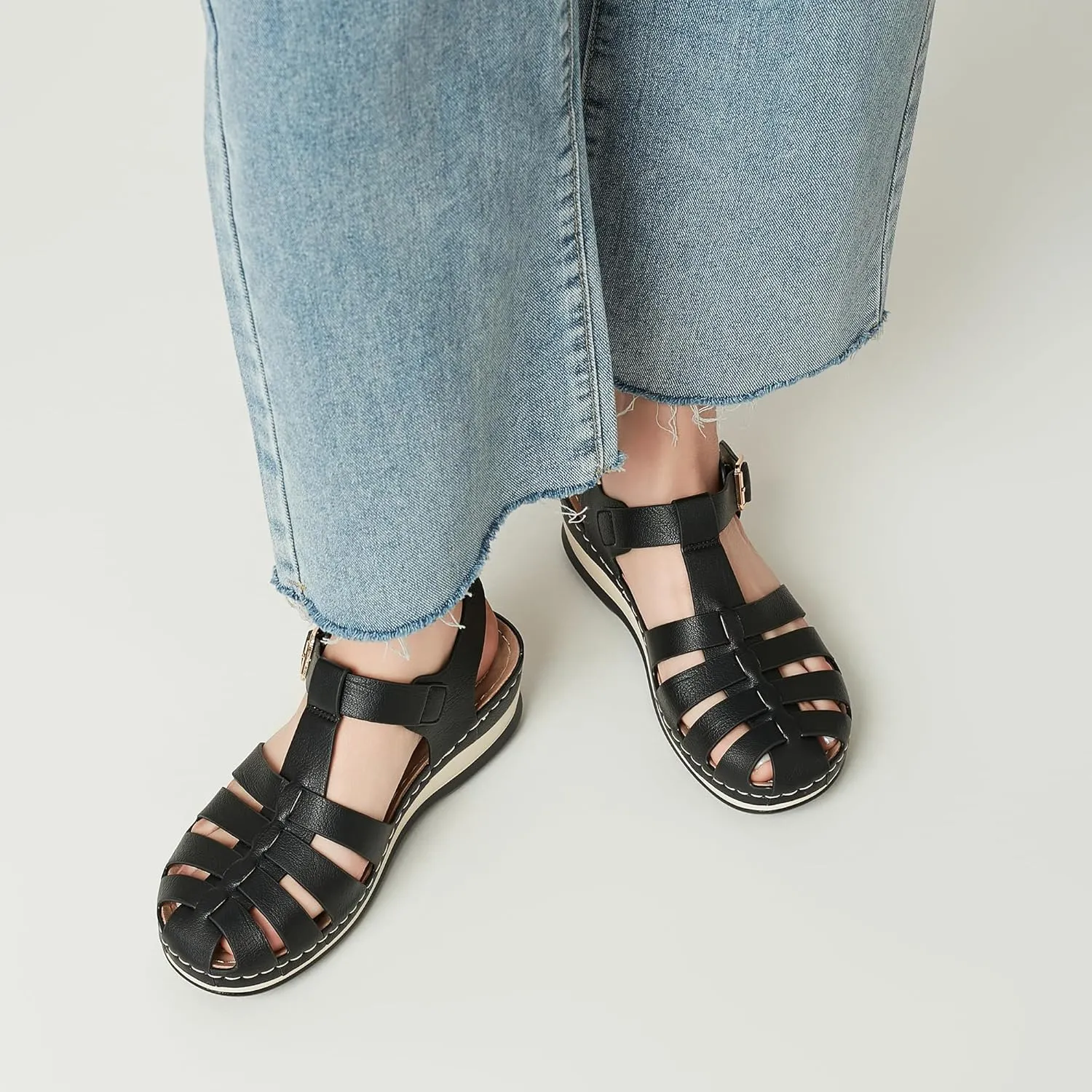 Women's Black Gladiator Sandals - Casual Platform Open Toe Adjustable Ankle Strap Dress Sandals