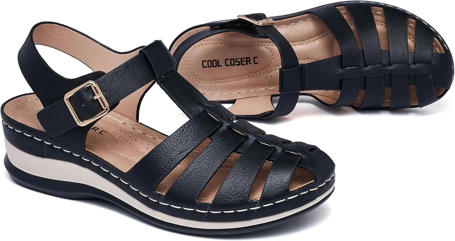 Women's Black Gladiator Sandals - Casual Platform Open Toe Adjustable Ankle Strap Dress Sandals