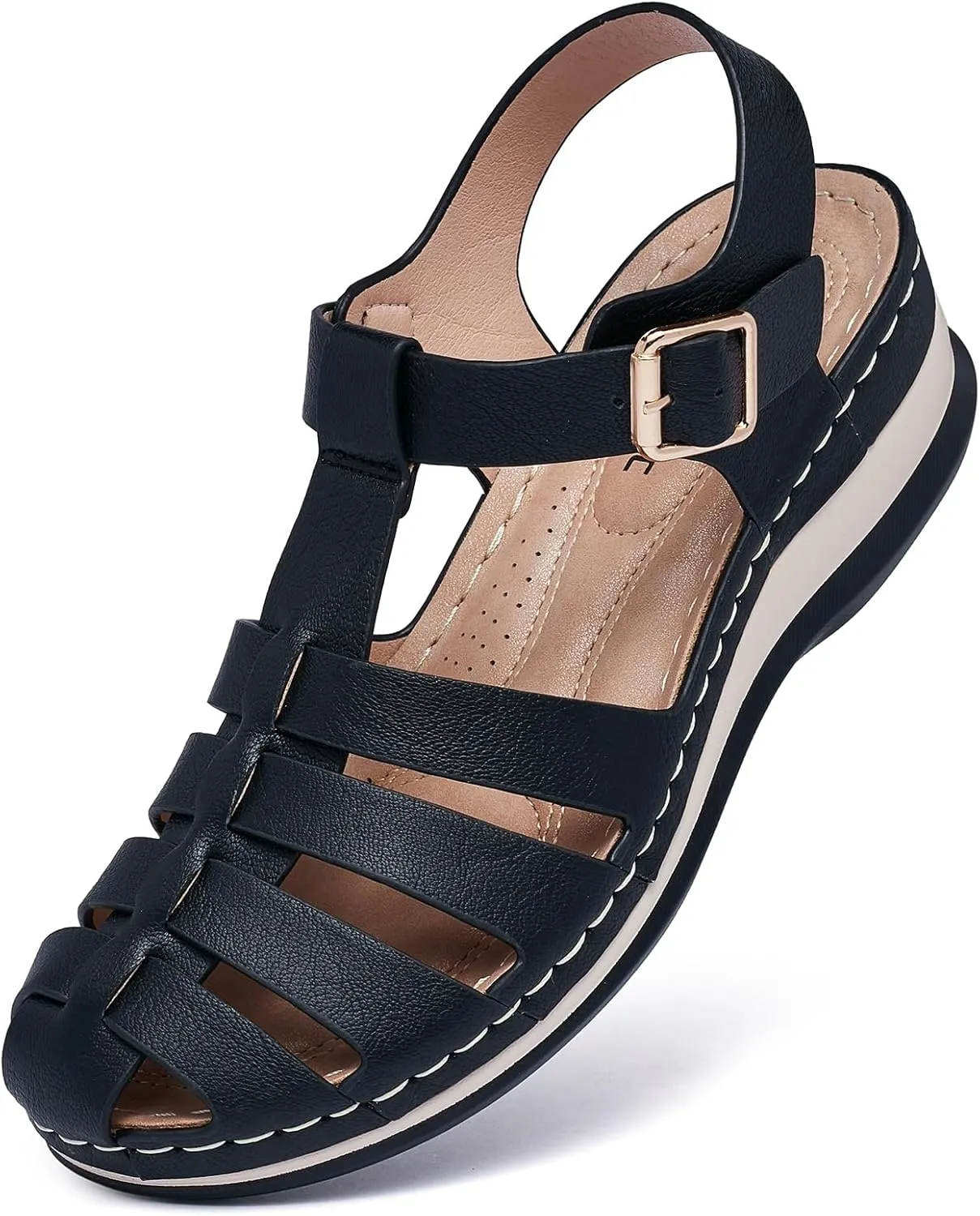 Women's Black Gladiator Sandals - Casual Platform Open Toe Adjustable Ankle Strap Dress Sandals