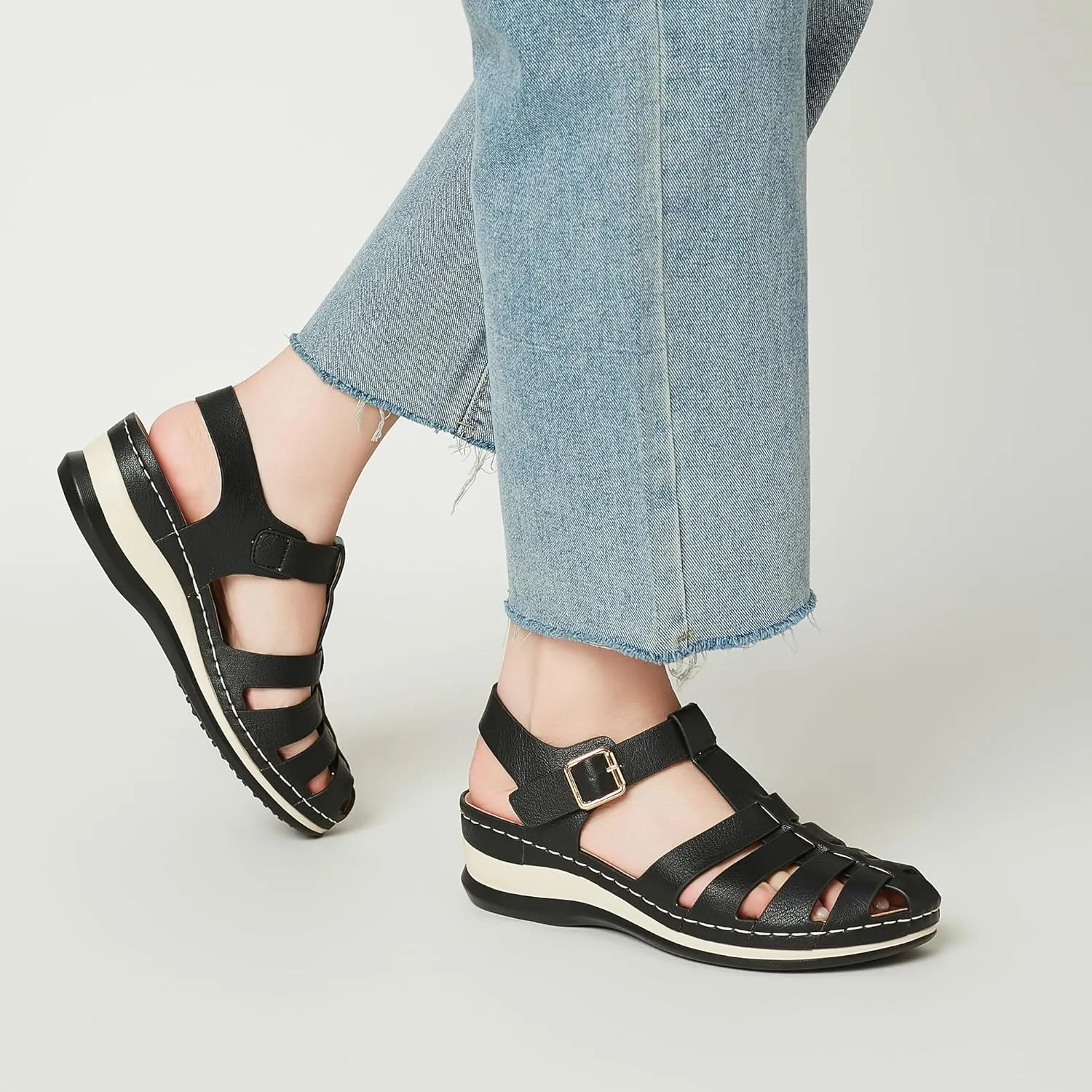 Women's Black Gladiator Sandals - Casual Platform Open Toe Adjustable Ankle Strap Dress Sandals