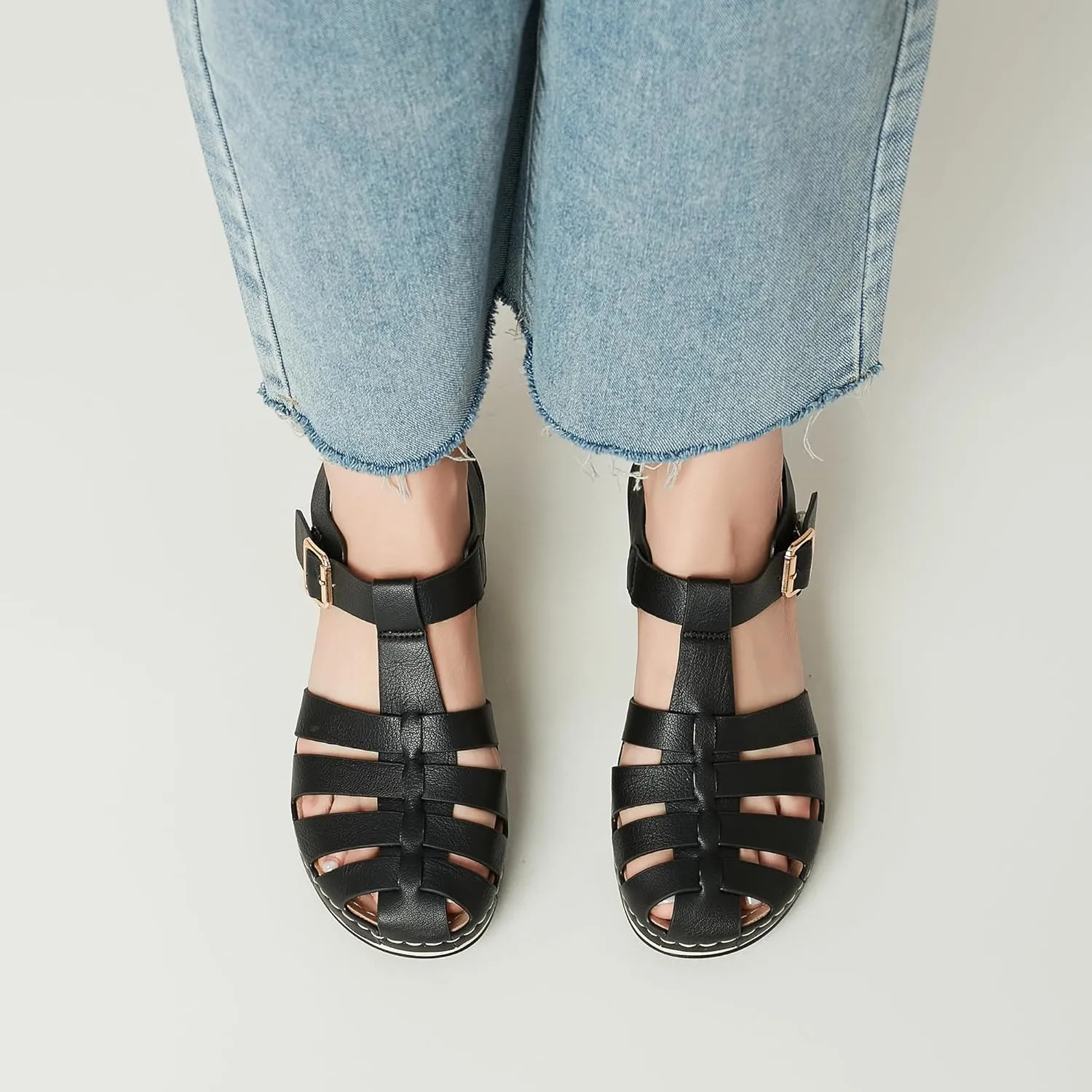 Women's Black Gladiator Sandals - Casual Platform Open Toe Adjustable Ankle Strap Dress Sandals