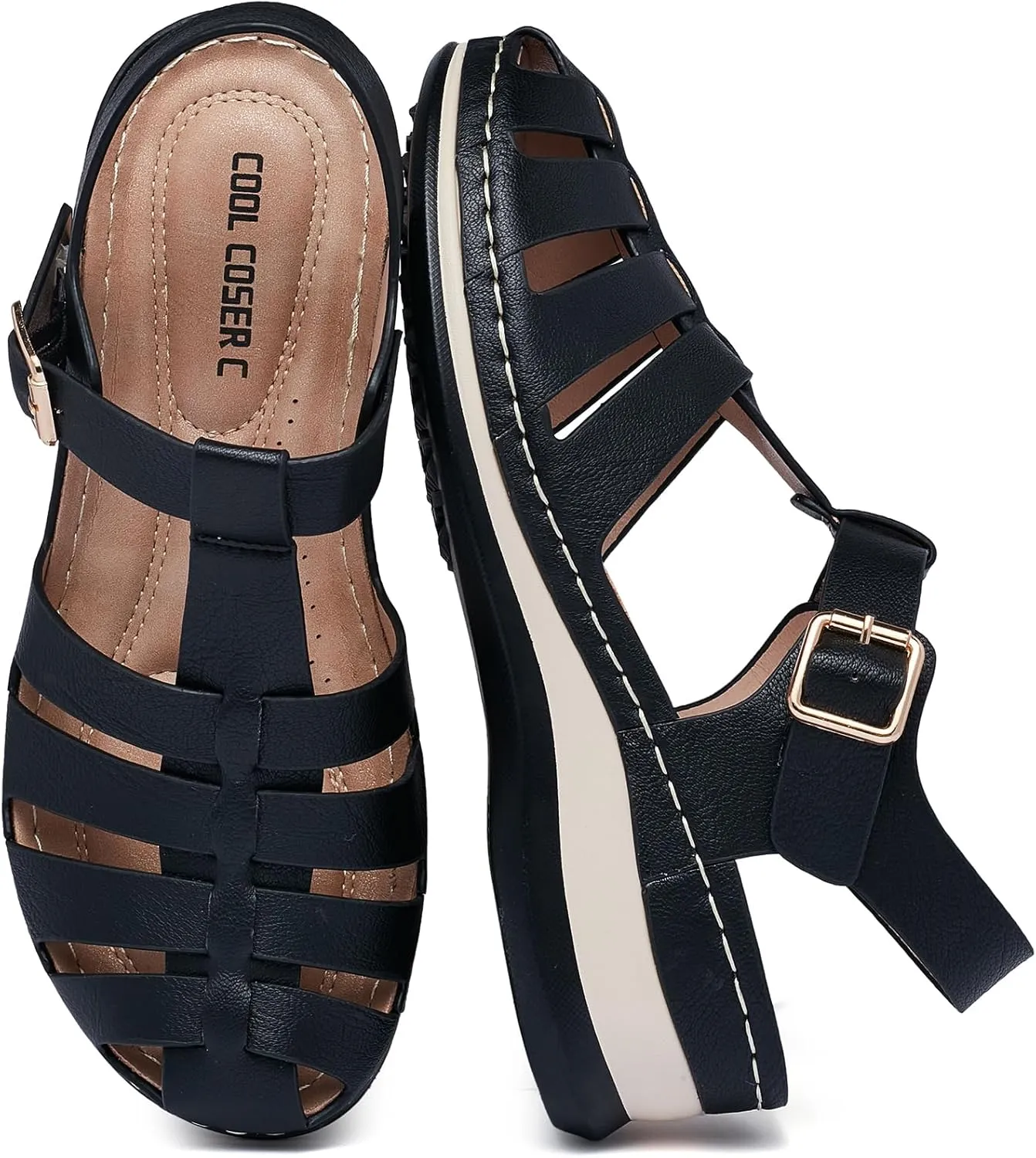 Women's Black Gladiator Sandals - Casual Platform Open Toe Adjustable Ankle Strap Dress Sandals