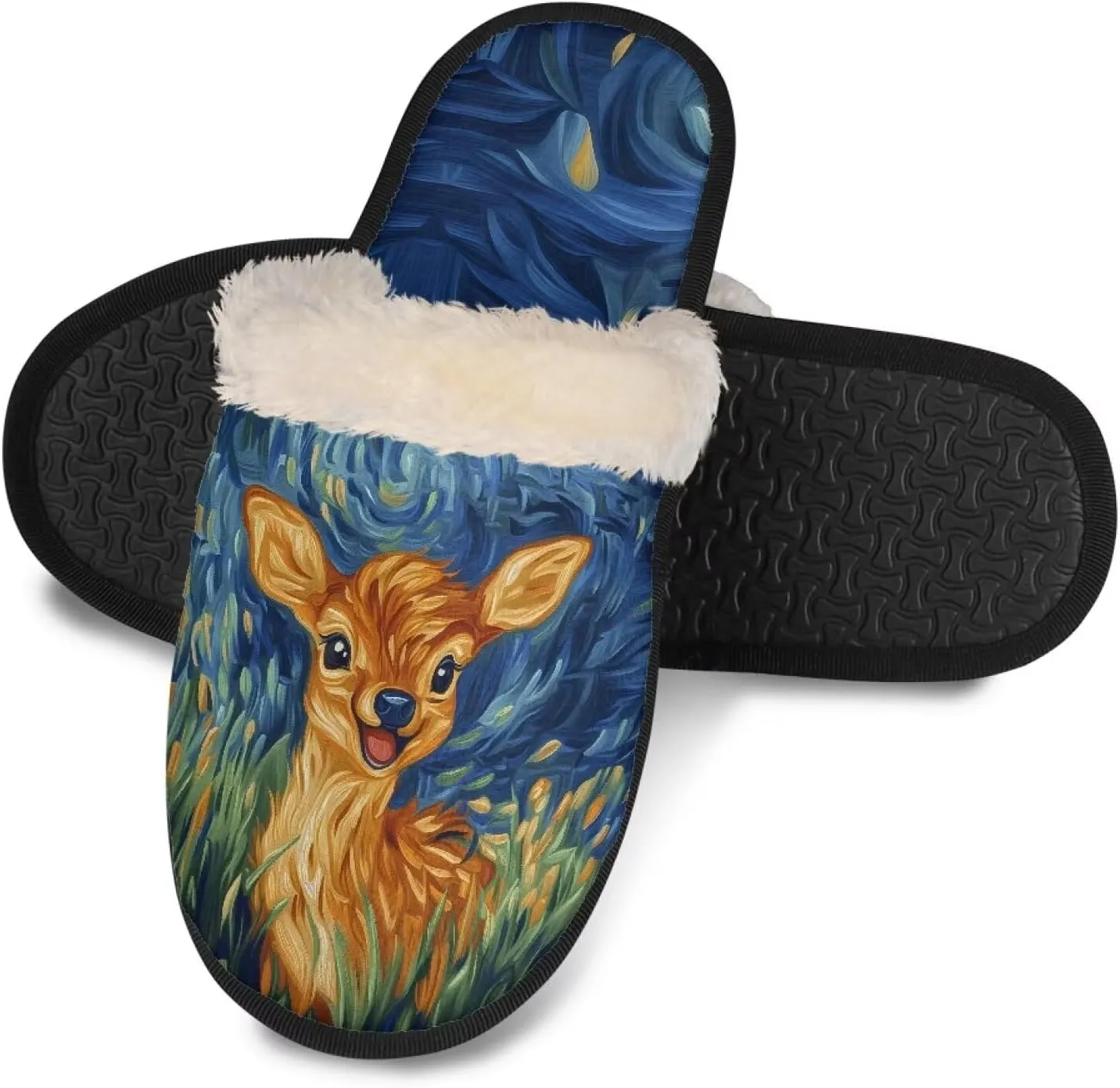 Women's Fluffy Plush Slippers Oil Painting Style House Slippers Winter Warm Fuzzy Shoes Lightweight Soft Cotton Shoes