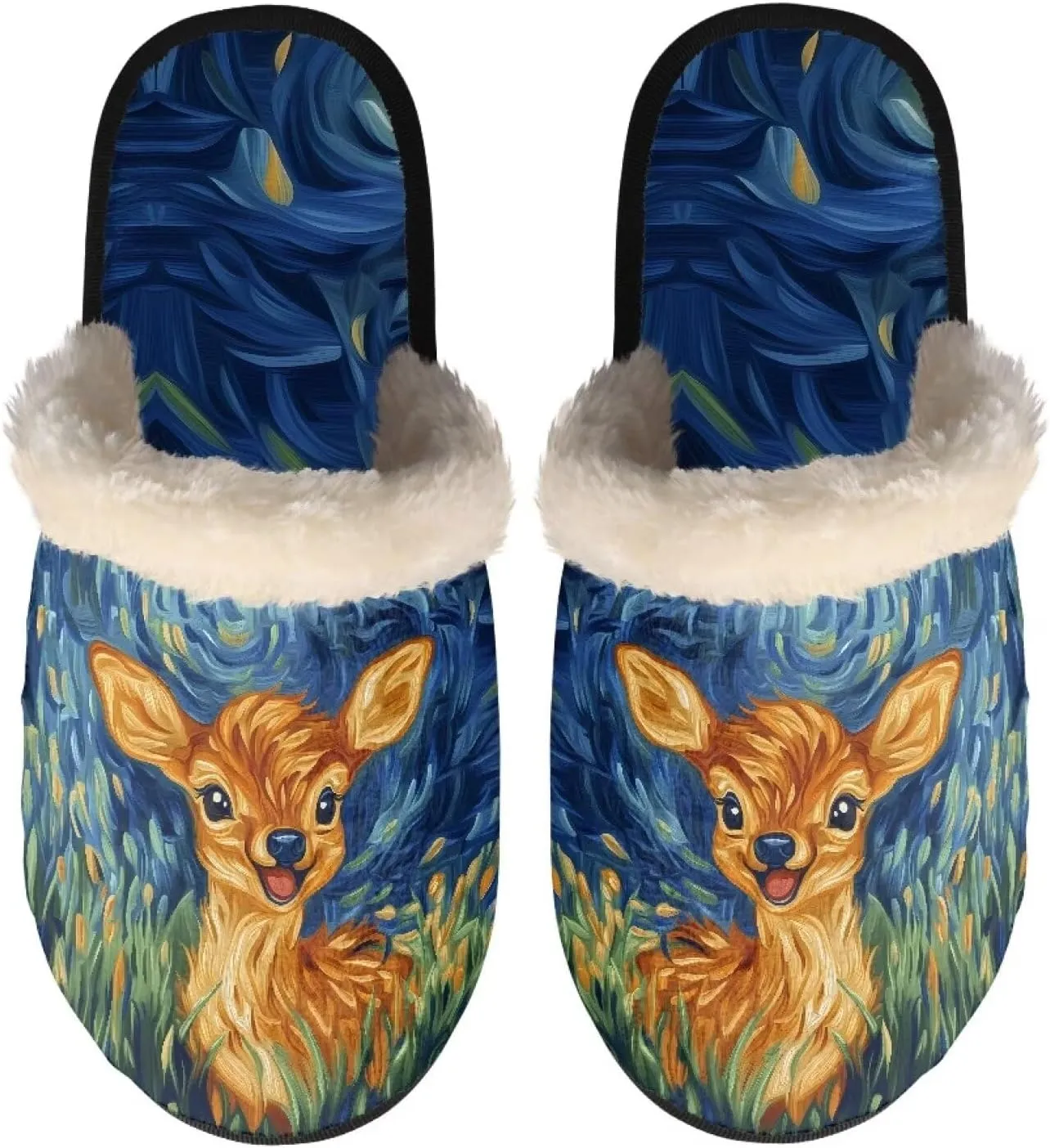 Women's Fluffy Plush Slippers Oil Painting Style House Slippers Winter Warm Fuzzy Shoes Lightweight Soft Cotton Shoes