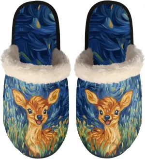 Women's Fluffy Plush Slippers Oil Painting Style House Slippers Winter Warm Fuzzy Shoes Lightweight Soft Cotton Shoes