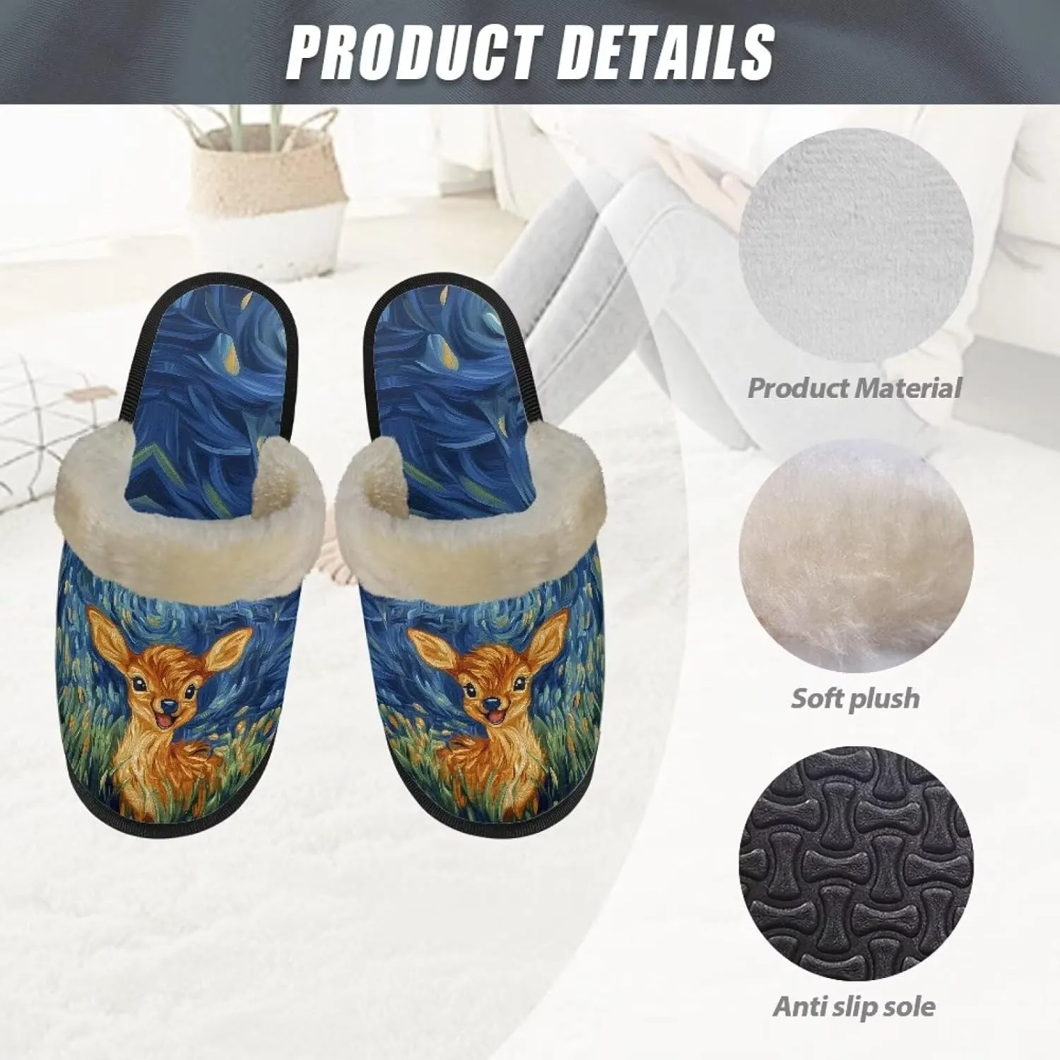 Women's Fluffy Plush Slippers Oil Painting Style House Slippers Winter Warm Fuzzy Shoes Lightweight Soft Cotton Shoes