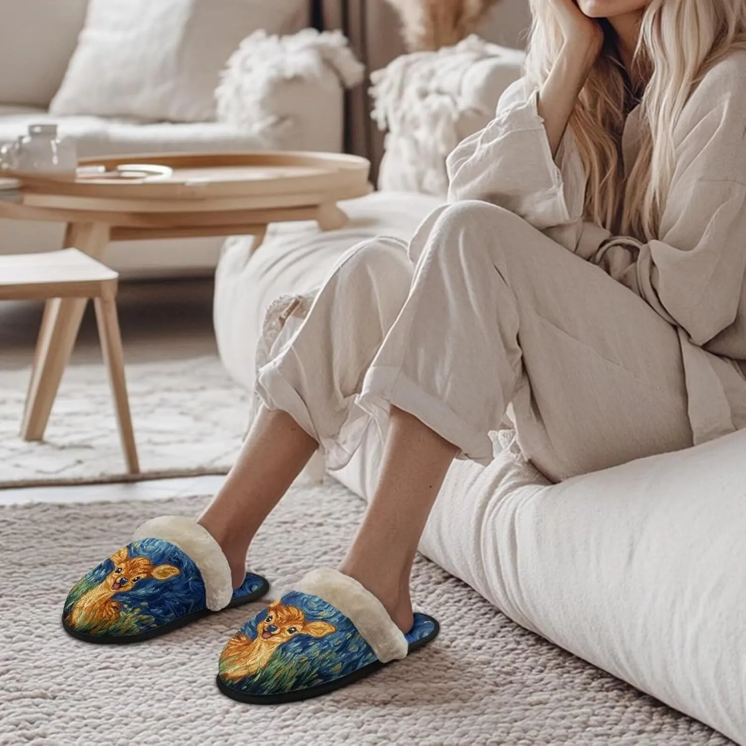 Women's Fluffy Plush Slippers Oil Painting Style House Slippers Winter Warm Fuzzy Shoes Lightweight Soft Cotton Shoes