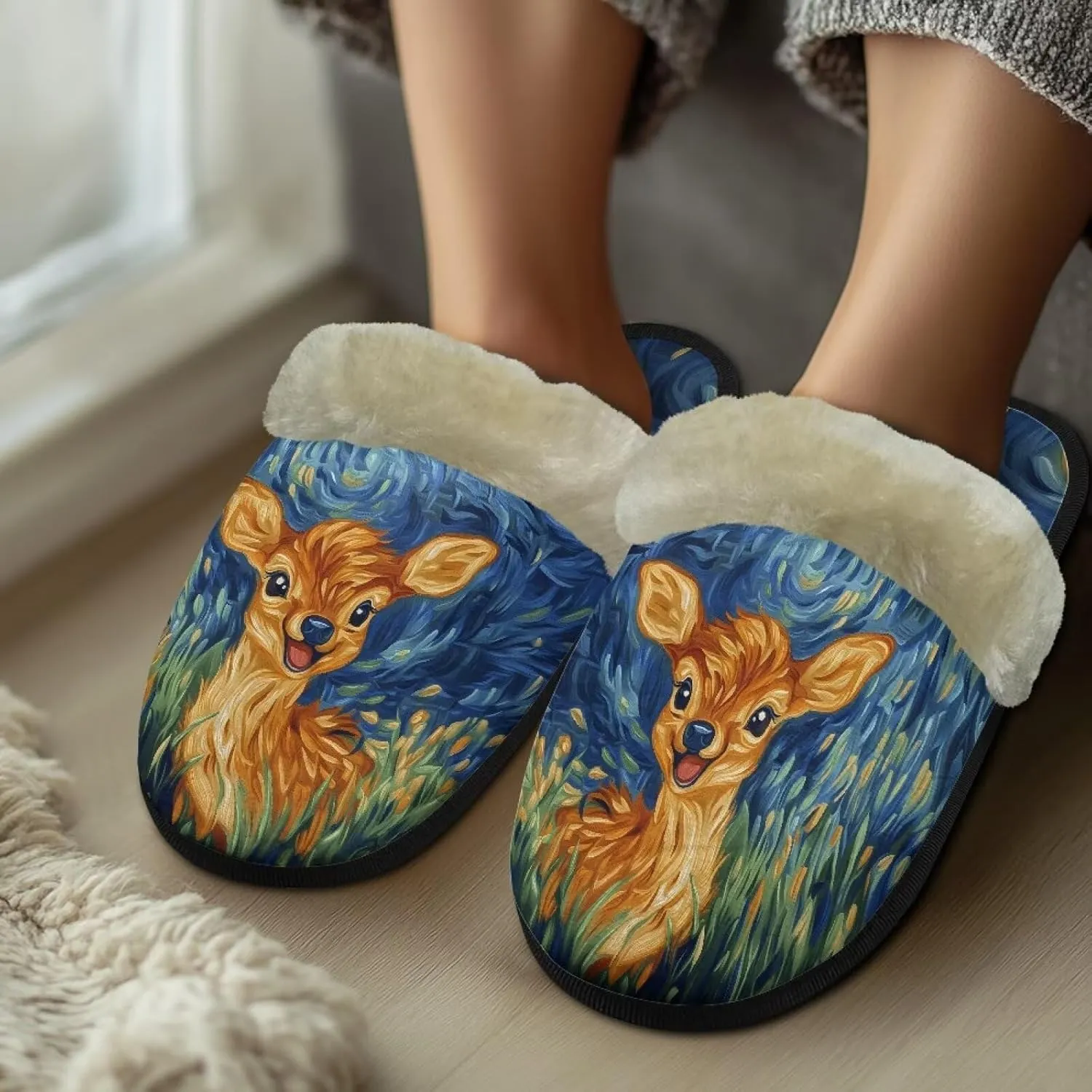 Women's Fluffy Plush Slippers Oil Painting Style House Slippers Winter Warm Fuzzy Shoes Lightweight Soft Cotton Shoes