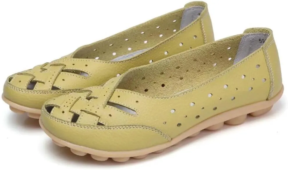 Women's Leather Driving Shoes Slipper Loafers Flats Slip-On Cutout Sandals