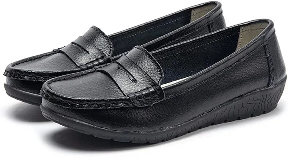 Women's Leather Loafers Driving Moccasins Casual Slip-On Boat Shoes Comfort Walking Flat Loafer for Women Wide Width