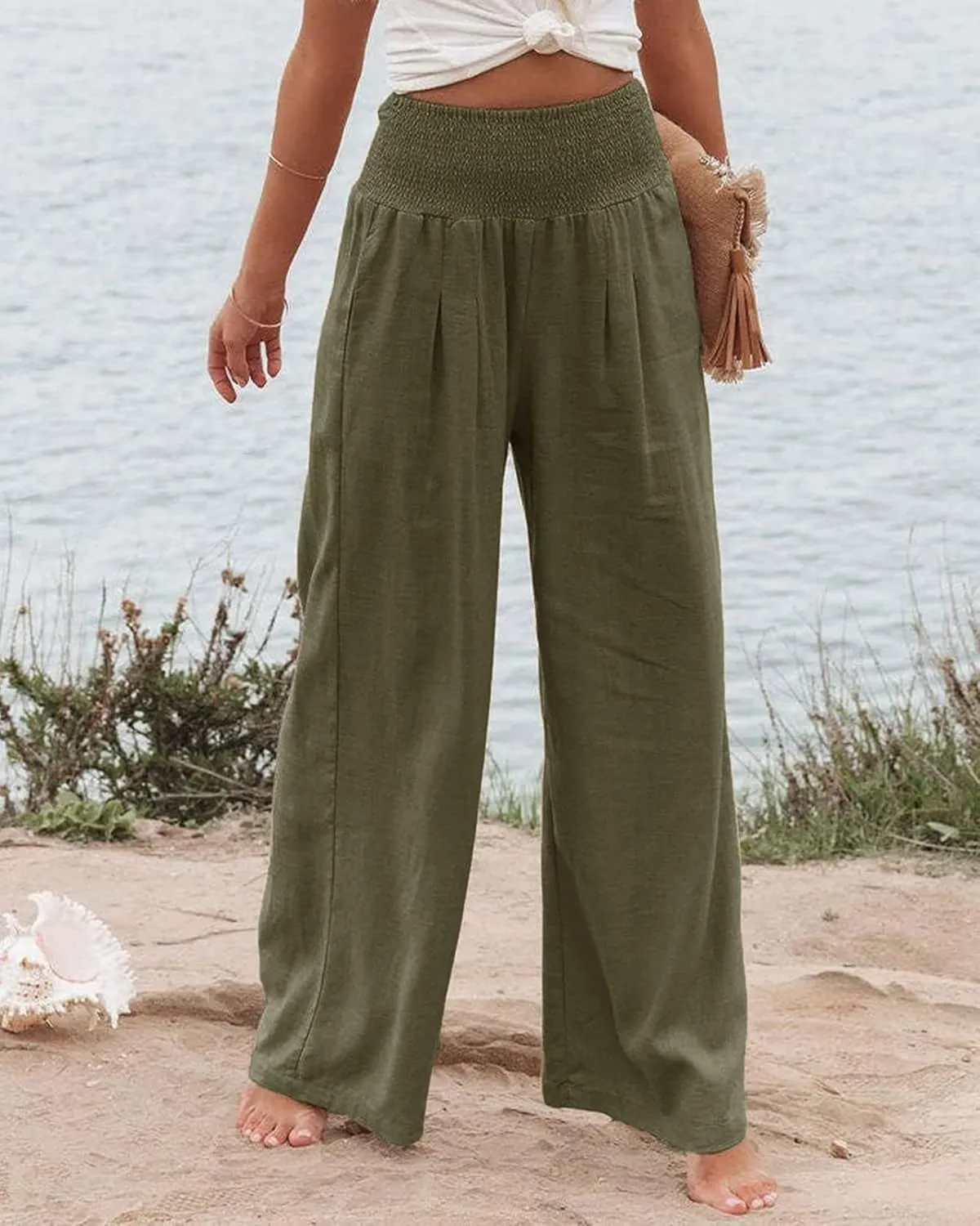 Women's Linen Palazzo Pants Summer High Waisted Boho Wide Leg Long Lounge Pant Trousers with Pocket