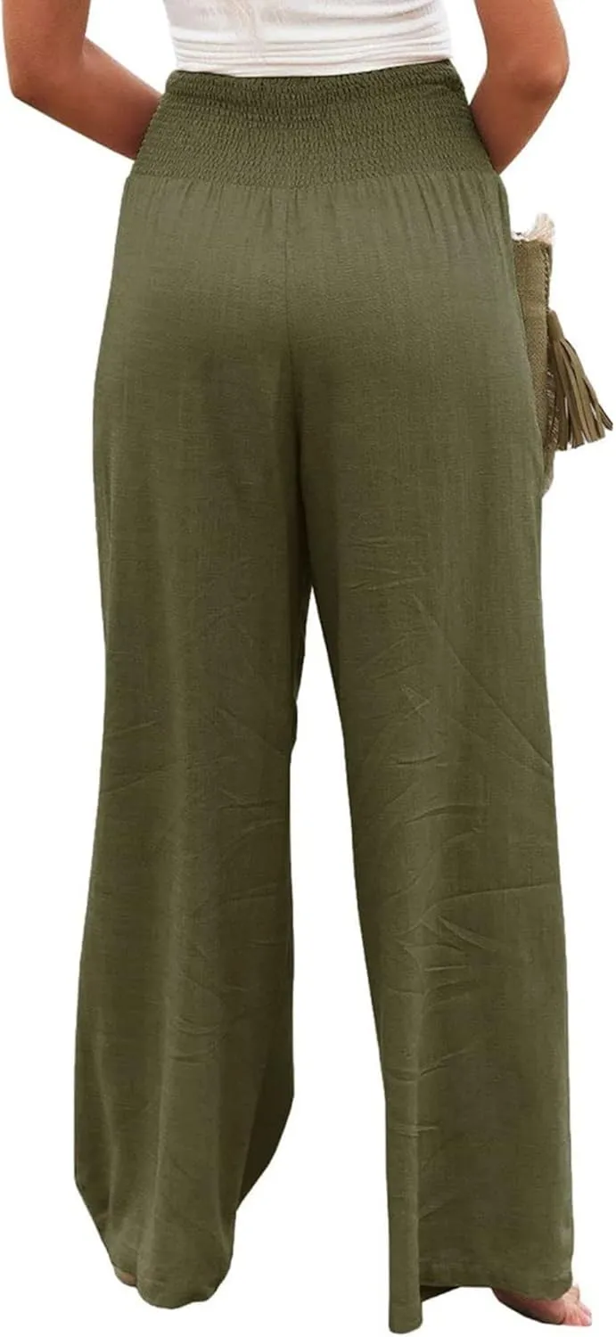 Women's Linen Palazzo Pants Summer High Waisted Boho Wide Leg Long Lounge Pant Trousers with Pocket