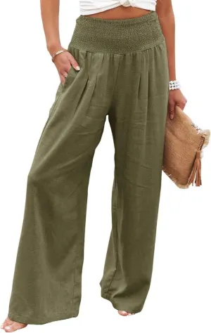 Women's Linen Palazzo Pants Summer High Waisted Boho Wide Leg Long Lounge Pant Trousers with Pocket
