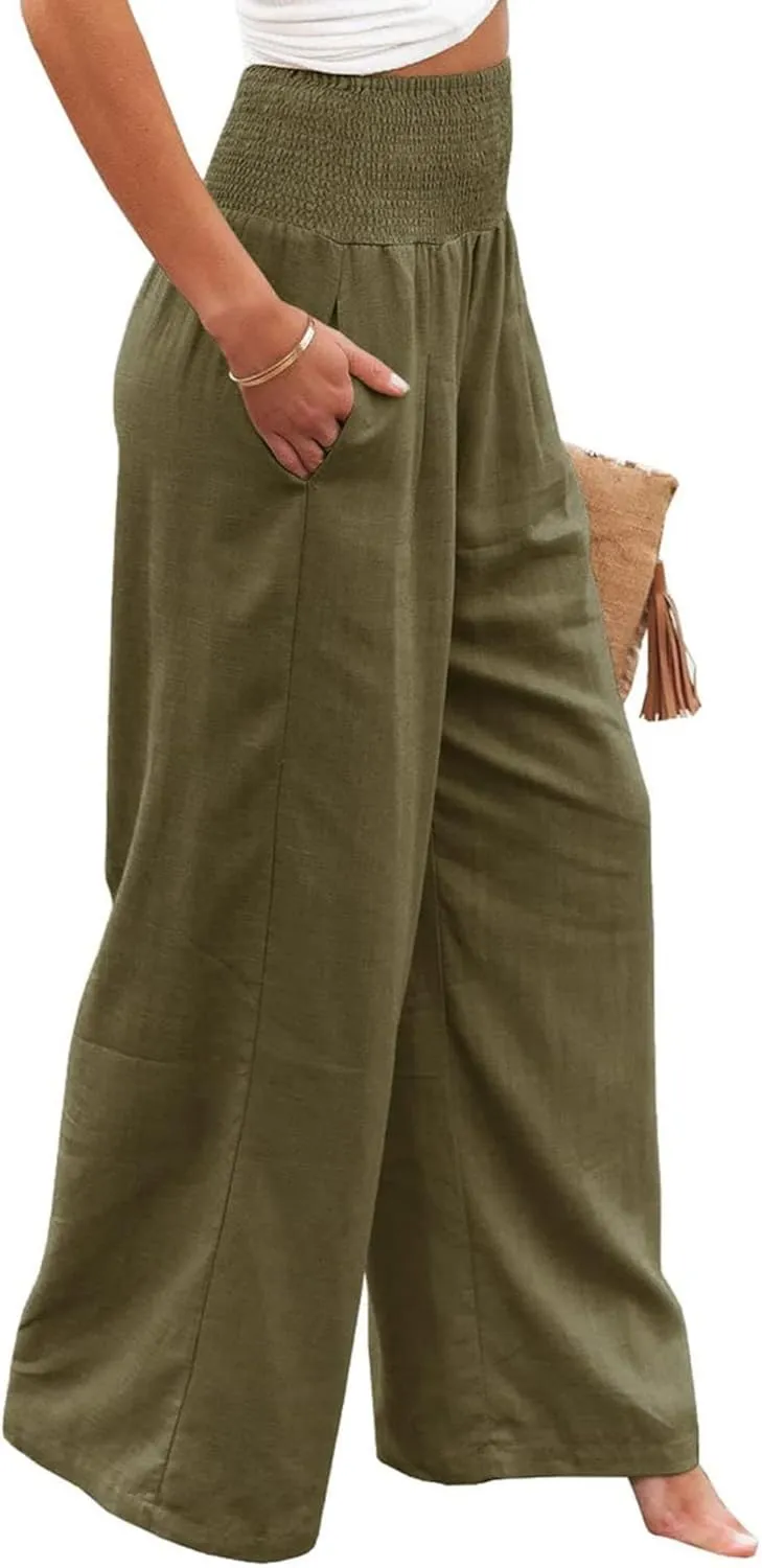Women's Linen Palazzo Pants Summer High Waisted Boho Wide Leg Long Lounge Pant Trousers with Pocket