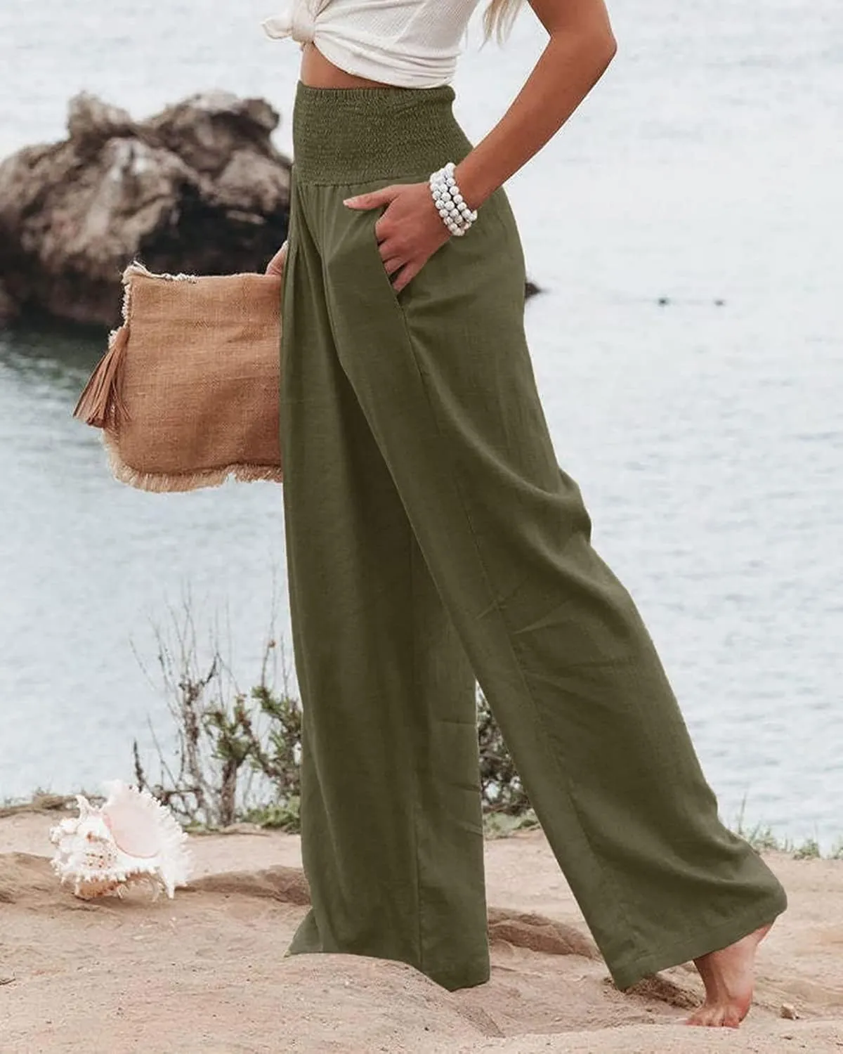Women's Linen Palazzo Pants Summer High Waisted Boho Wide Leg Long Lounge Pant Trousers with Pocket