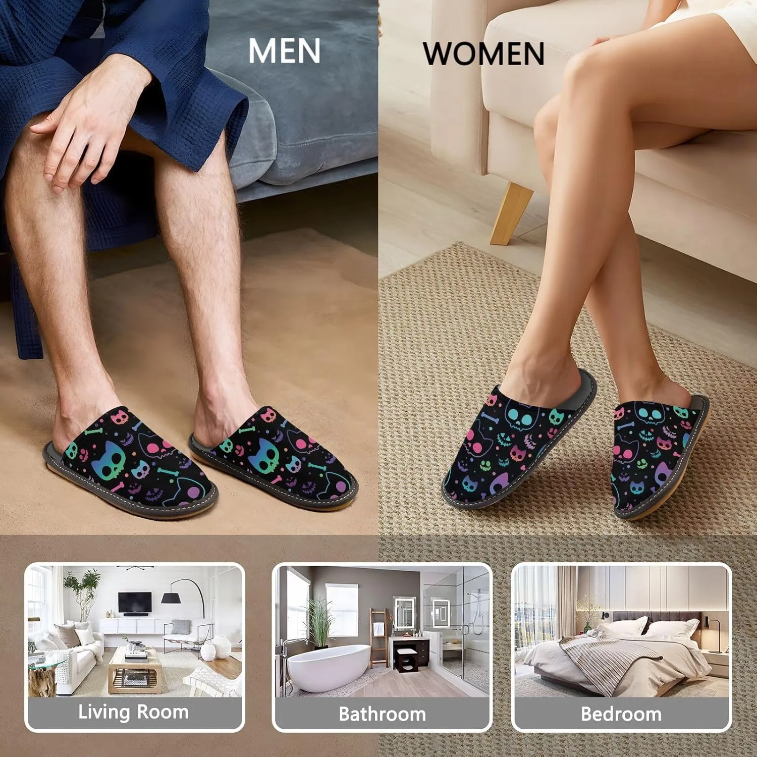 Women's Mens Cute Pattern Chic Cosy Slip-On Slippers,Casual Linning Breathable Memory Foam Scuff Winter House Bedroom Shoes Gift for Unisex Indoor/Outdoor Size 4-11