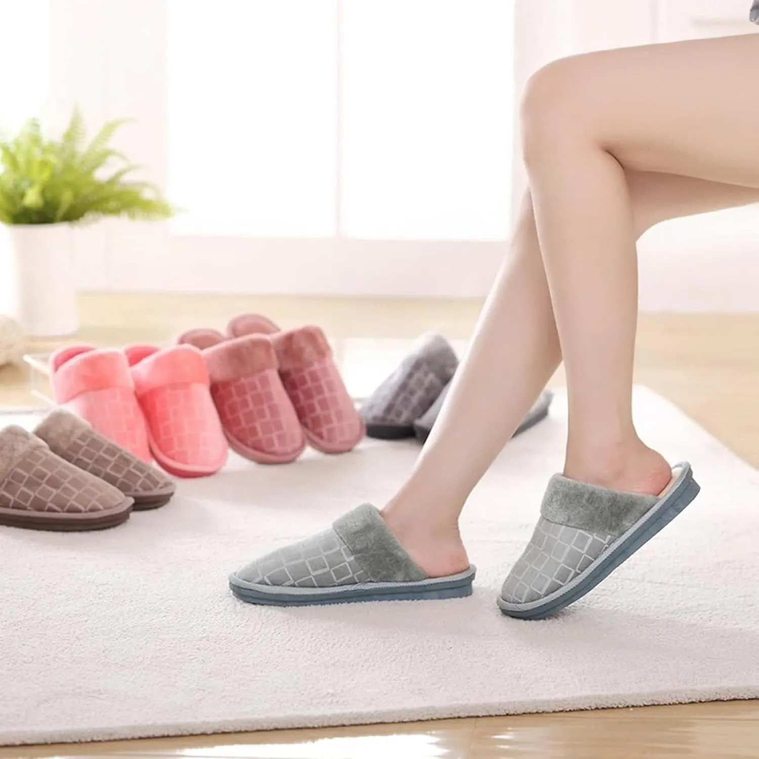 Women's Plaid Home Shoes Indoor Slippers Memory Foam Wool Lining Bedroom Slippers