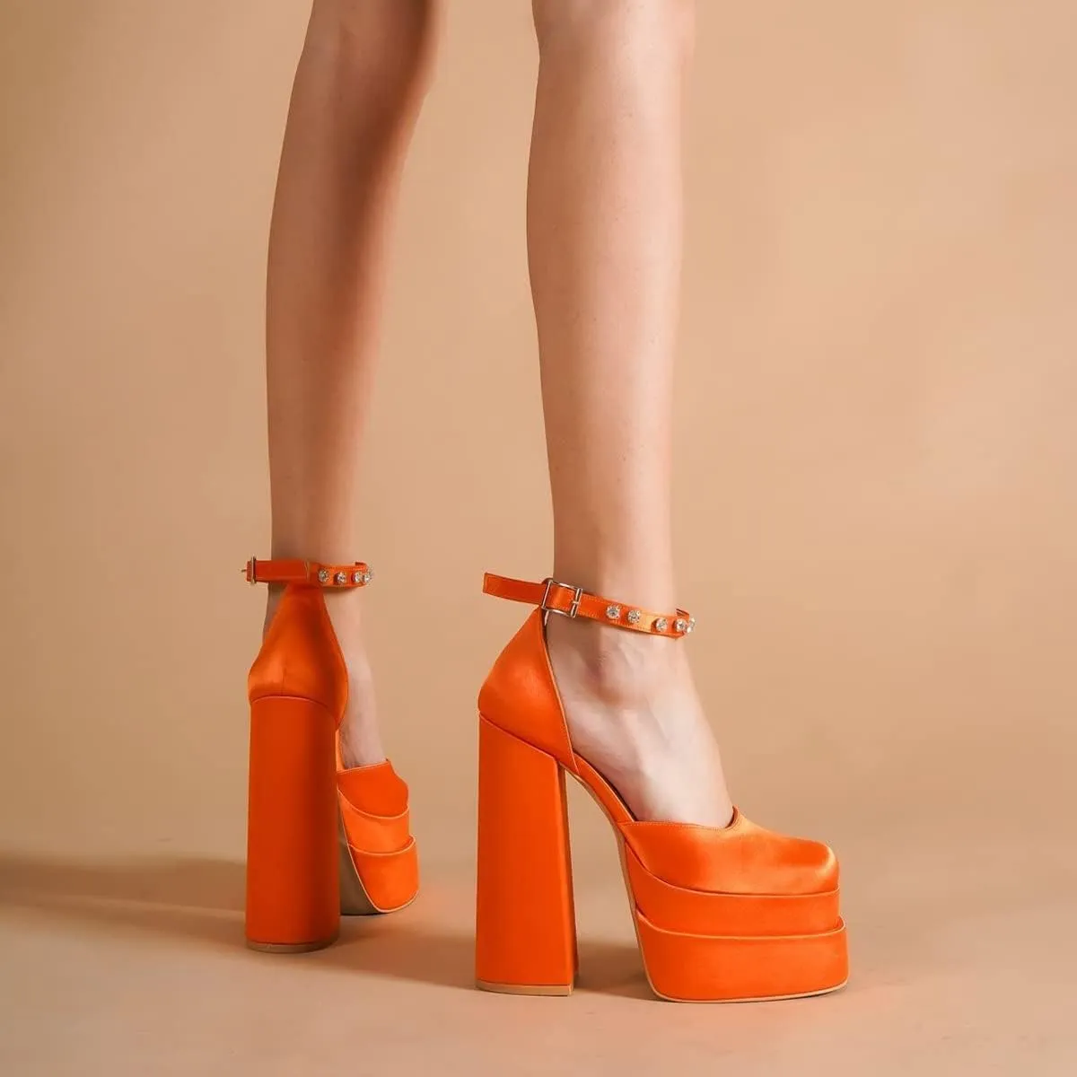 Womens Platform Chunky Heel Dress Pumps Ankle Strap Block High Heel Silk Satin Square Toe Rhinestones Heeled Pumps