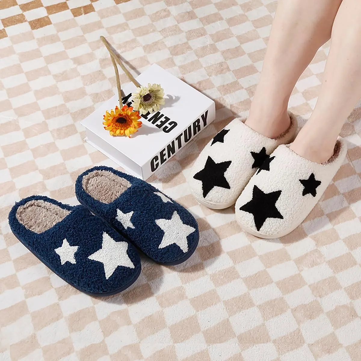 Women's Plush Warm Rose Flowers Slippers Cute Slip-on Cozy Fuzzy House Cotton Slippers