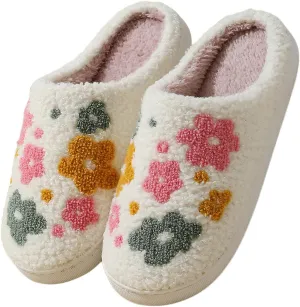 Women's Plush Warm Rose Flowers Slippers Cute Slip-on Cozy Fuzzy House Cotton Slippers