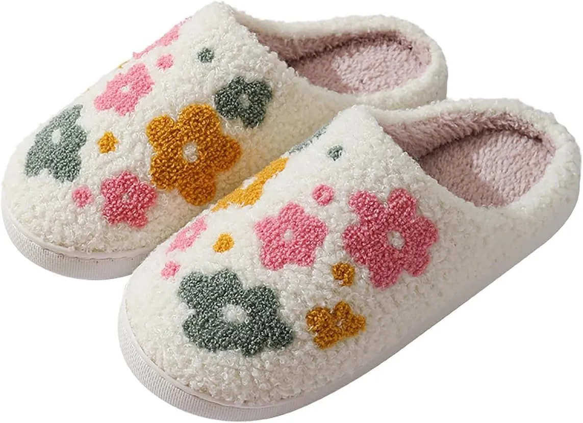 Women's Plush Warm Rose Flowers Slippers Cute Slip-on Cozy Fuzzy House Cotton Slippers