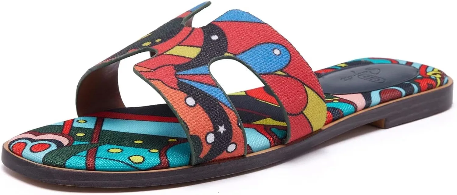 Women's Wide Width Leather Flat Sandals Slipper 2025 Summer Fashion Comfortable Memory Foam Slides for Women Footwear