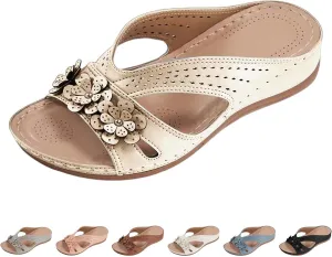 Women's Wide Width Sandals for Beach Walking Summer Fancy Flower Slippers with Arch Support Flat Slides