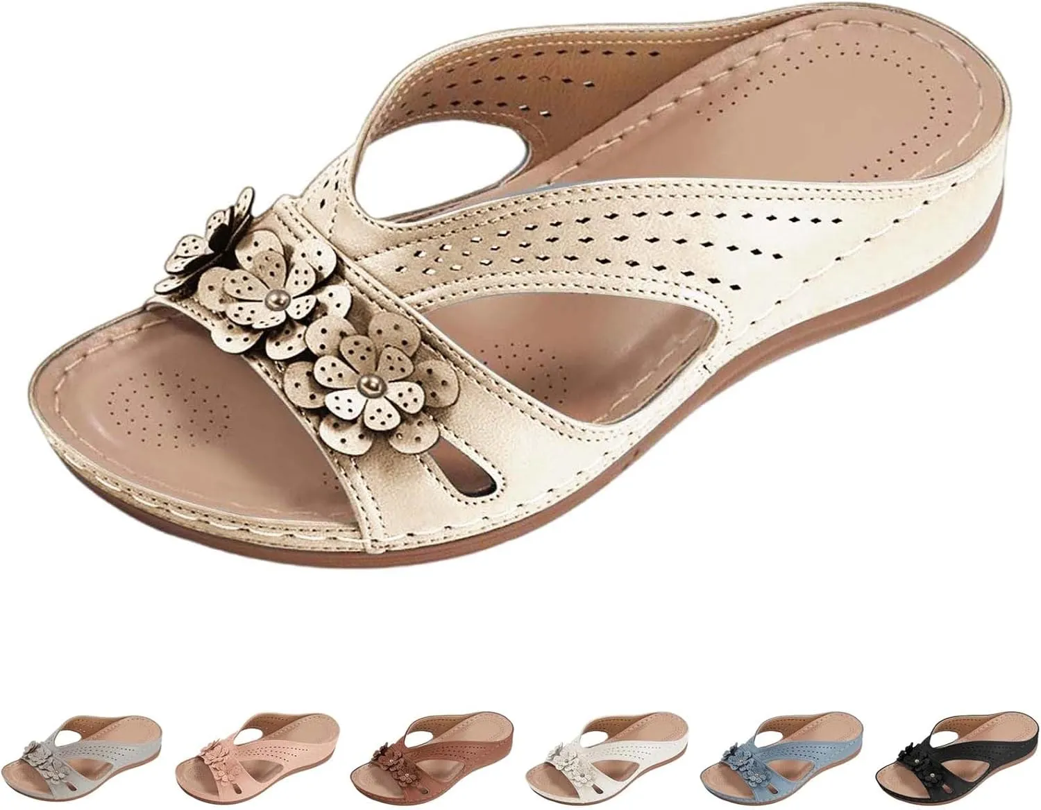 Women's Wide Width Sandals for Beach Walking Summer Fancy Flower Slippers with Arch Support Flat Slides