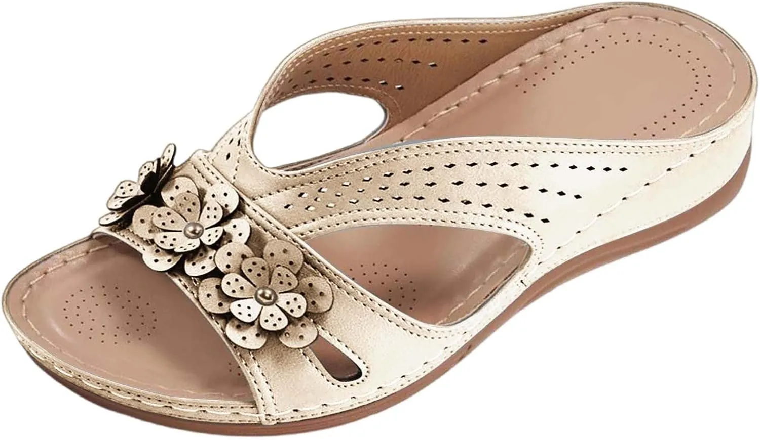Women's Wide Width Sandals for Beach Walking Summer Fancy Flower Slippers with Arch Support Flat Slides