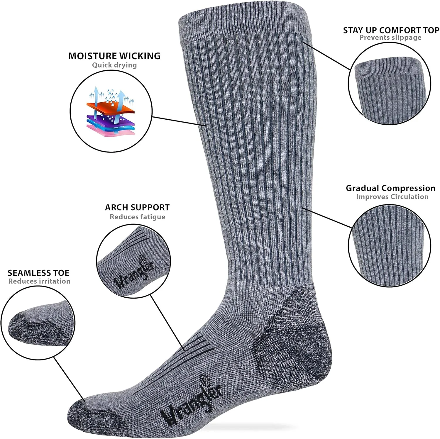 Wrangler Men's Ultra Dri Compression Seamless Toe Tall Boot Socks (3 Pairs)
