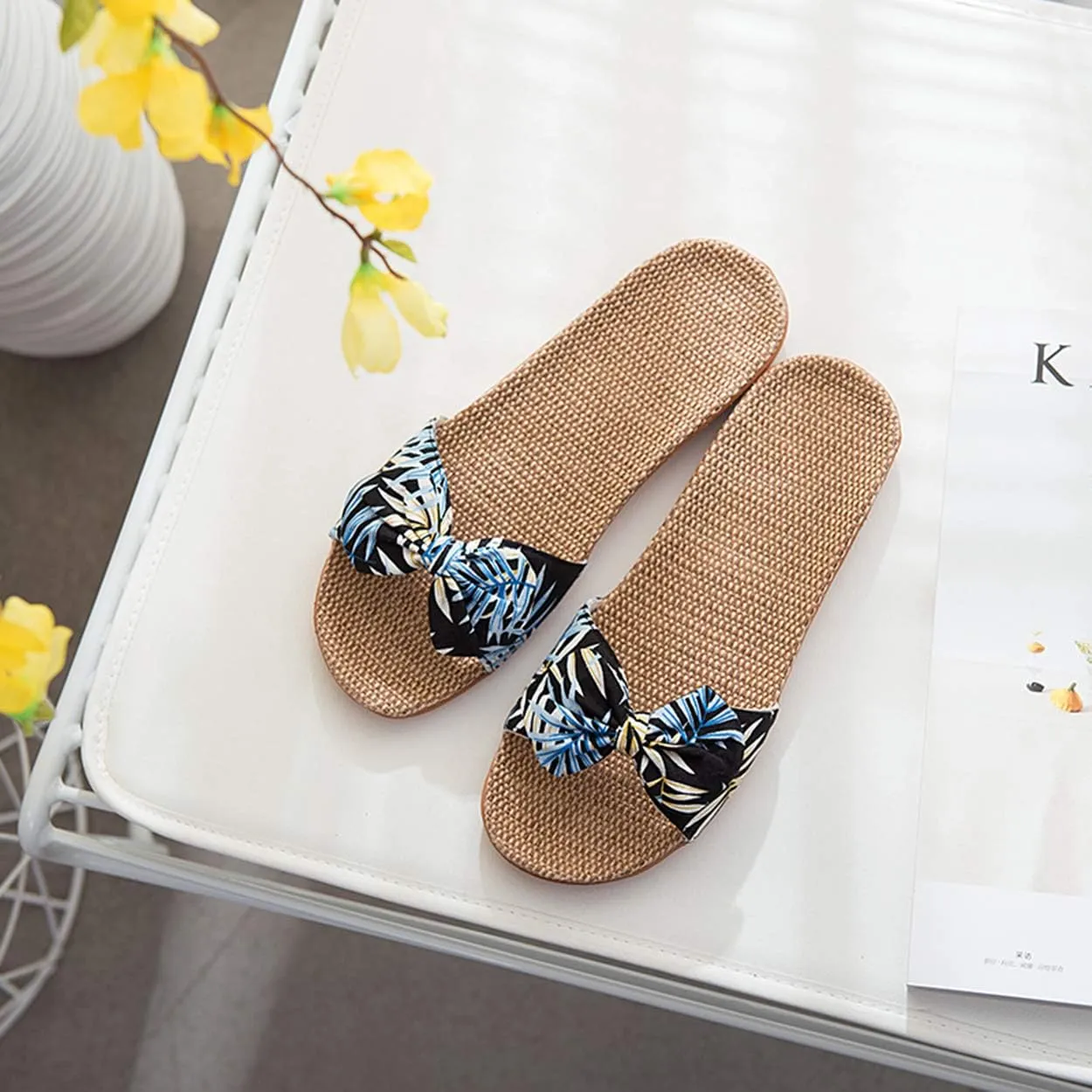 xsby Womens Cozy Indoor Cotton Flax Home Slippers Non-Slip Casual Sandals
