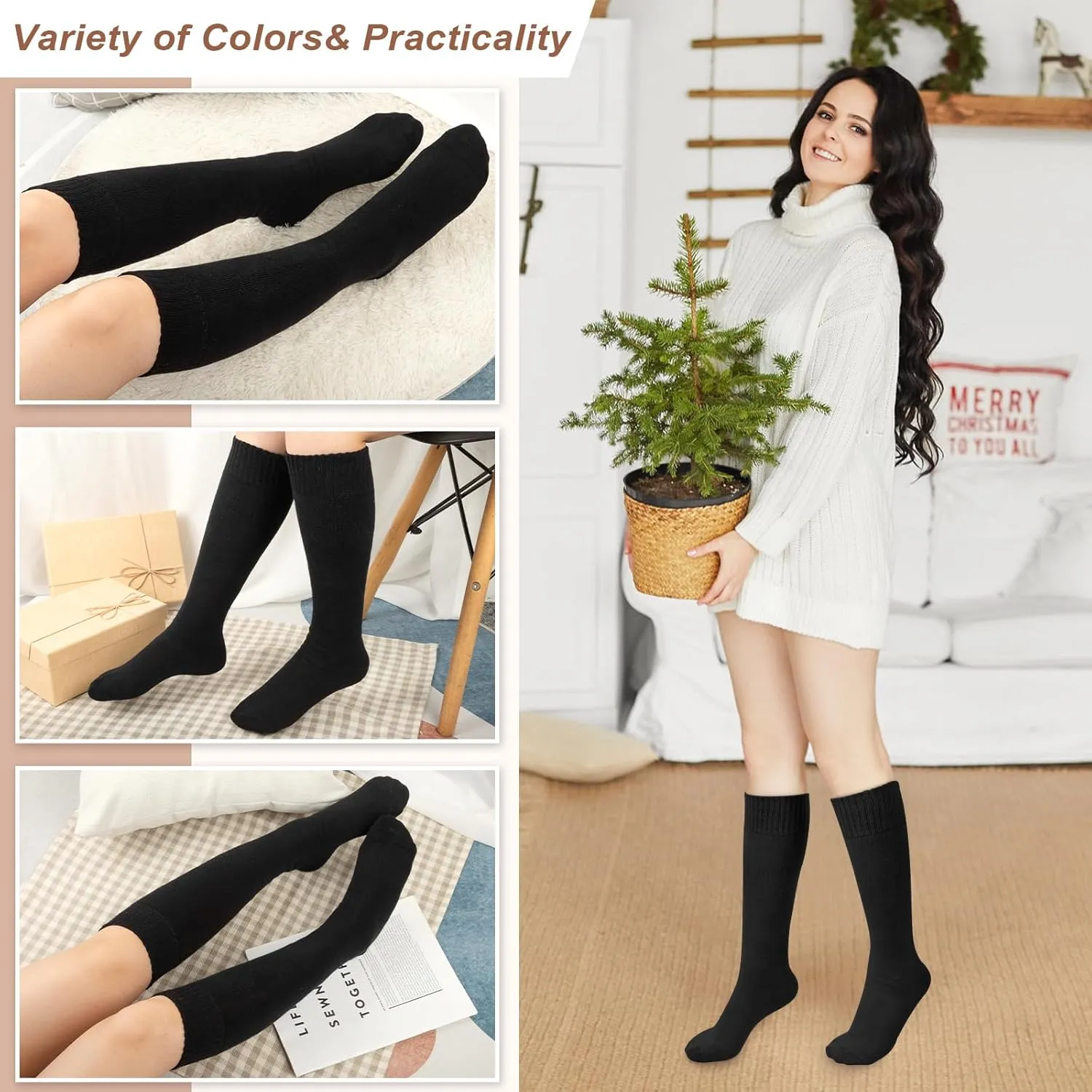 YSense Warm Knee High Socks for Women 5 Pairs, Thermal Womens Cotton Long Casual Thick Winter Gifts Socks for Hiking Skiing